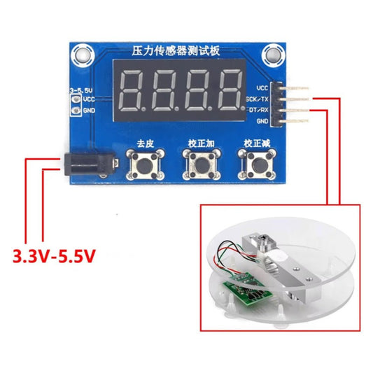 HX711 digital load cell sensor kit with LCD display, designed for Arduino, showcasing wiring and components.