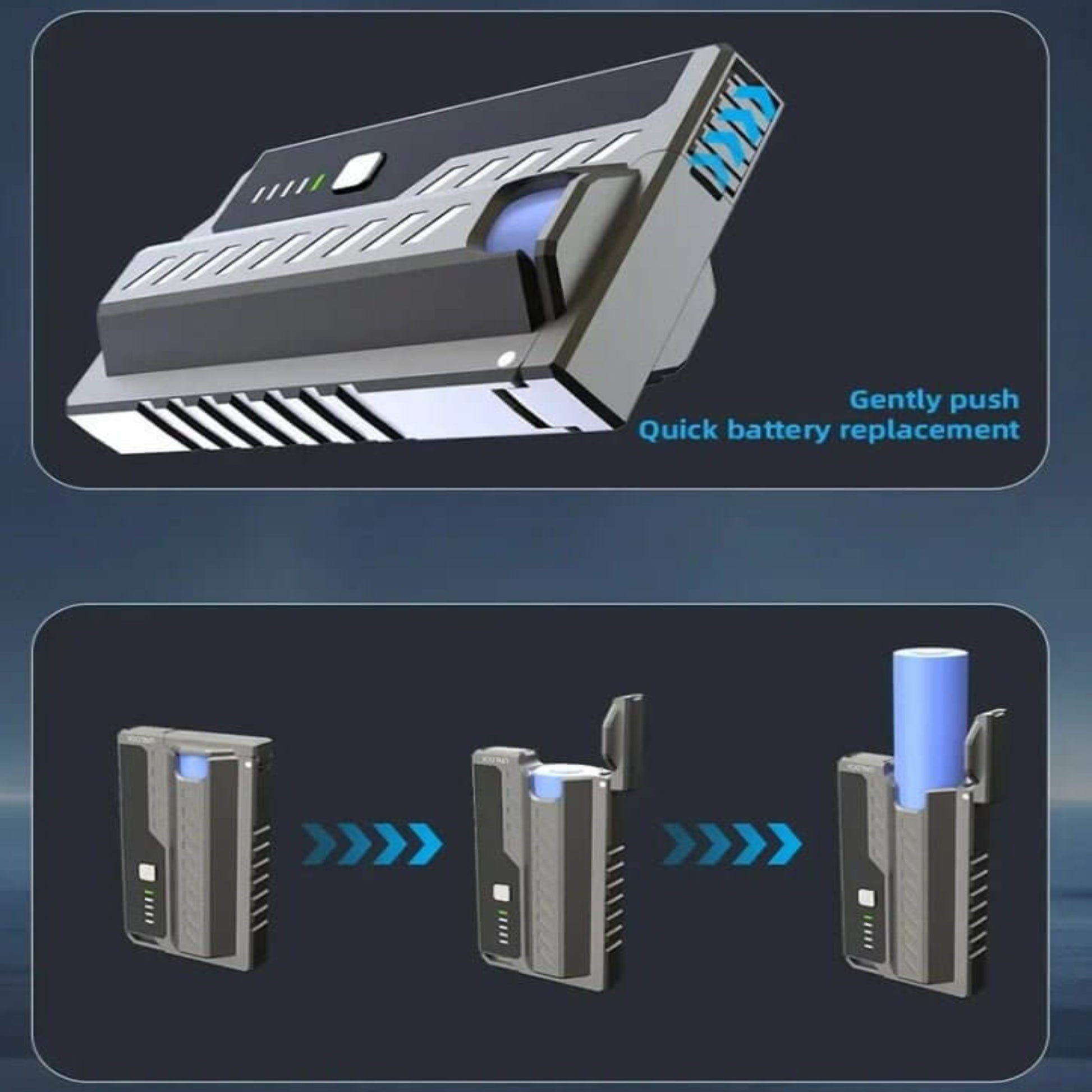 HY-08 Tactical Power Bank showcasing quick battery replacement system with 21700 battery and LED indicator.