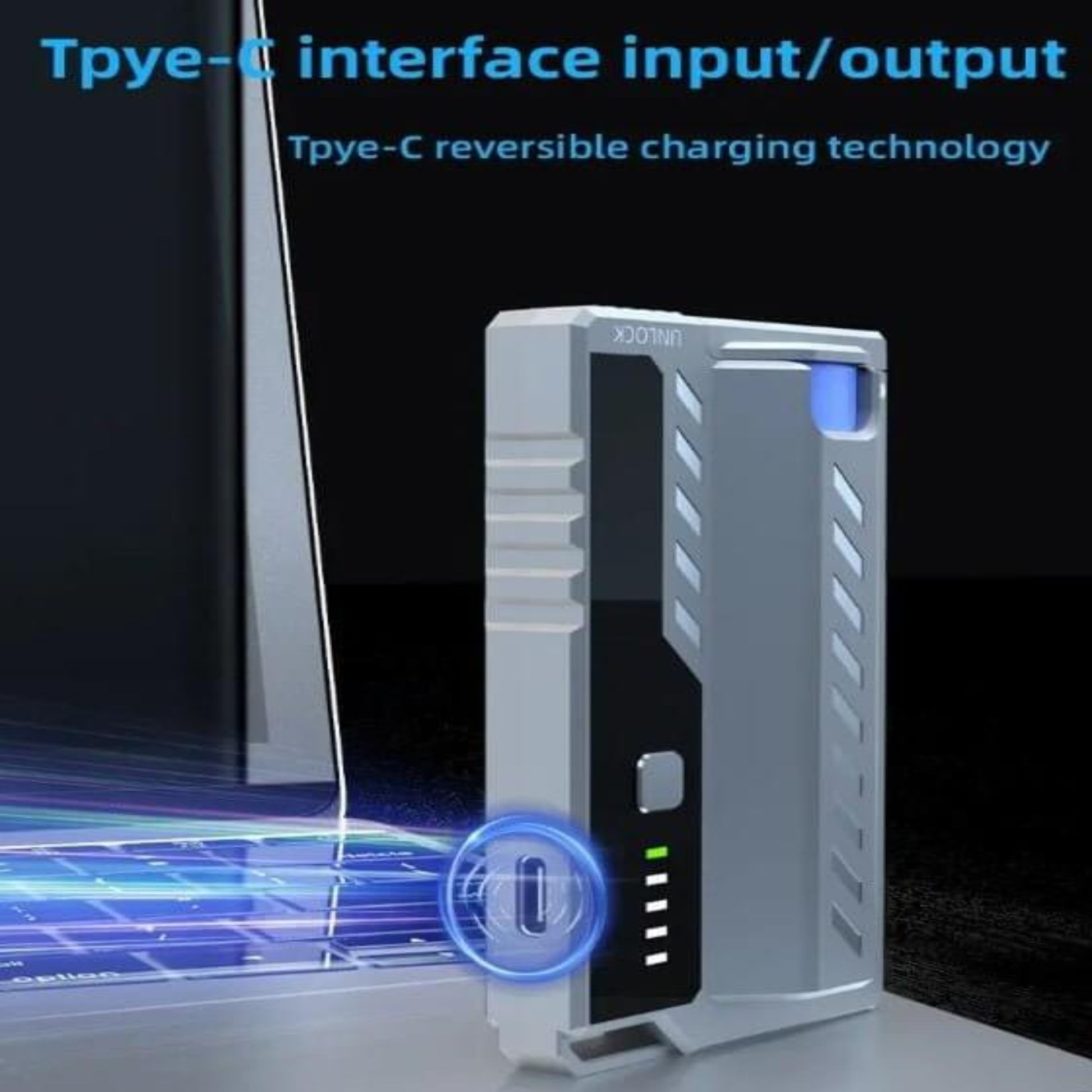 HY-08 Tactical Power Bank showcasing Type-C interface and reversible charging technology.