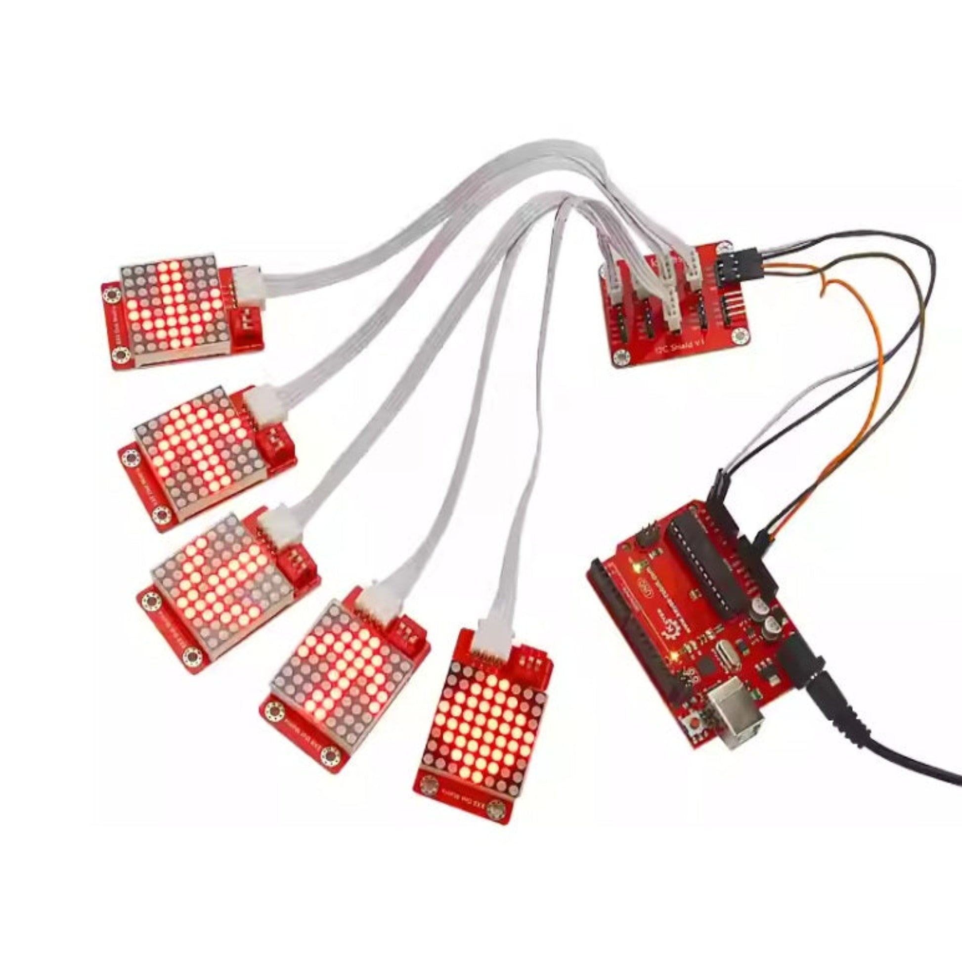 Controlling multiple LED matrix modules simultaneously using I2C hub.