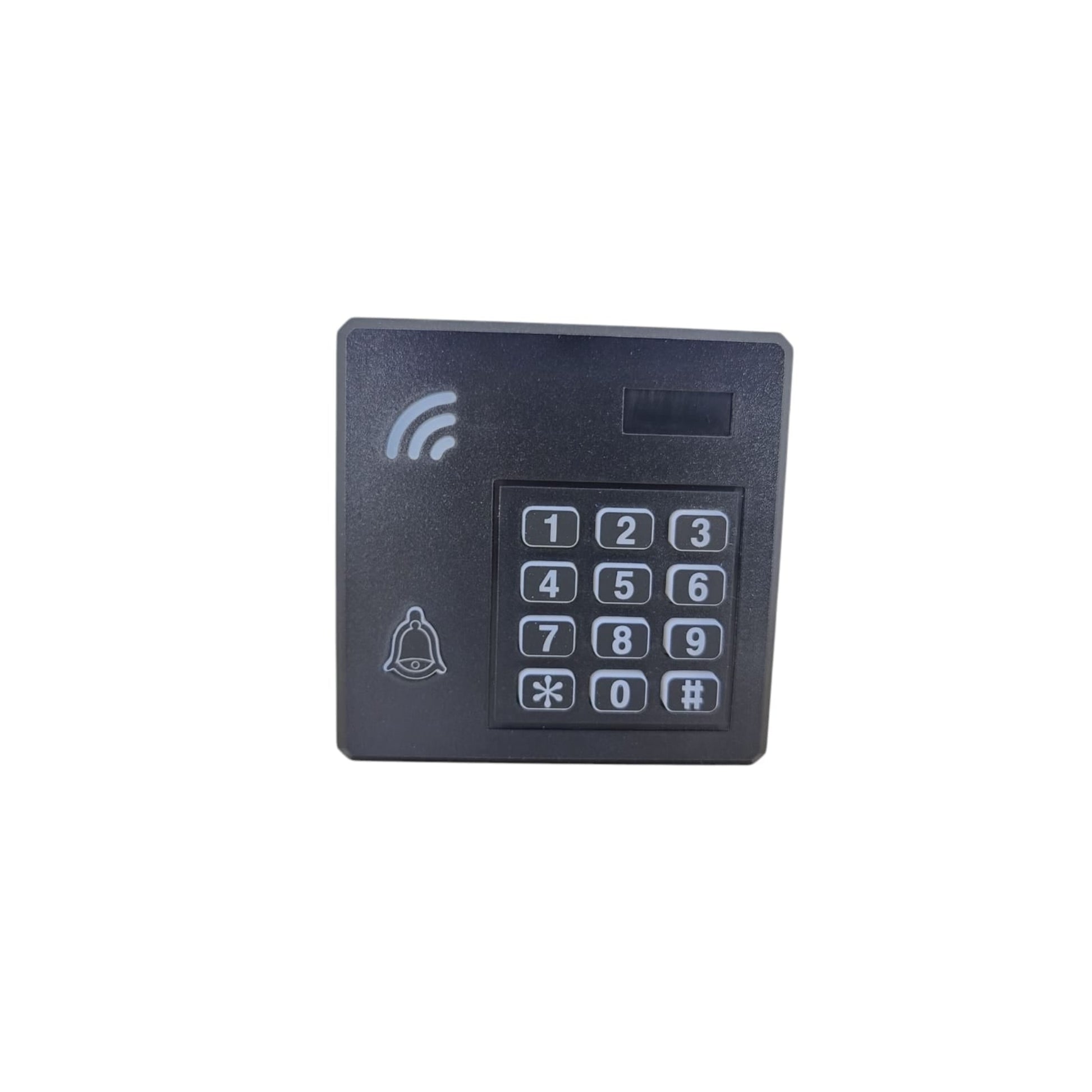 A black IC waterproof password access control keypad with an RFID reader and a bell icon.