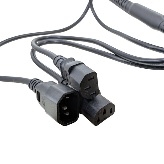 Close-up of the 1.8m IEC 320 C14 male to dual C13 female splitter cable connectors, ideal for PC and monitor setups.