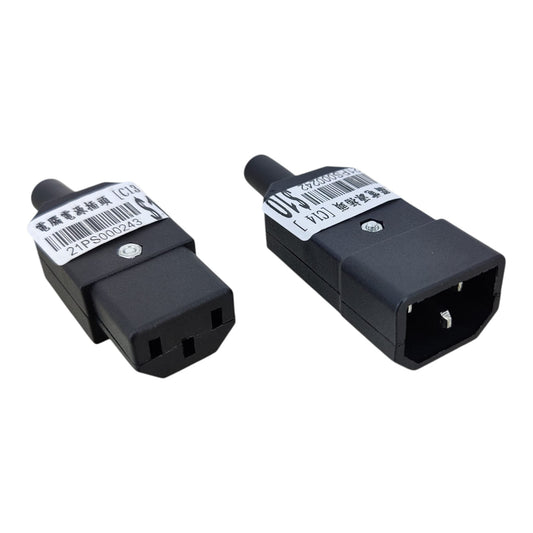 Side-by-side view of IEC C13 female and C14 male rewirable power connectors for DIY cable repair.