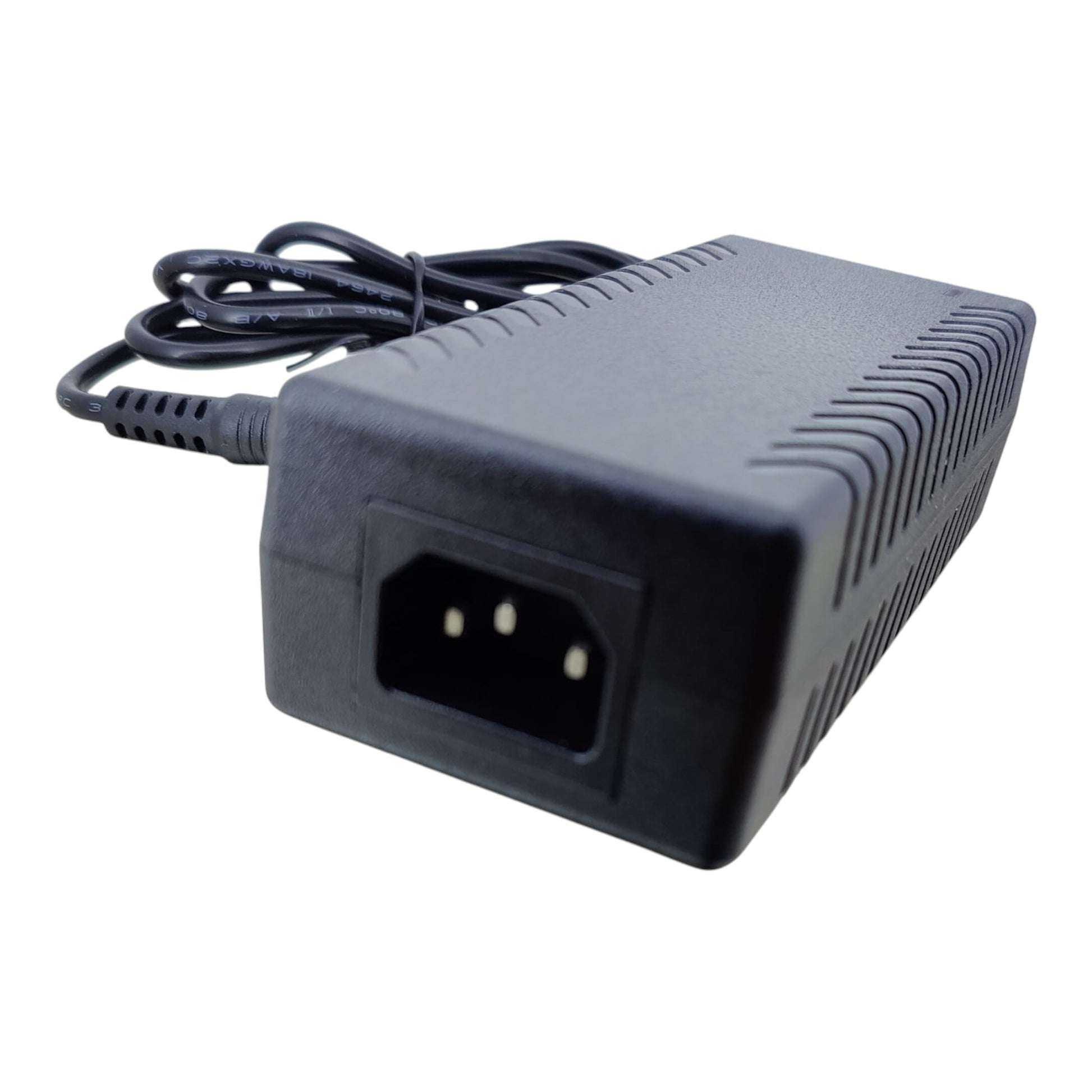 View of the 3-prong IEC C14 AC power inlet on the back of the 48V 3A adapter block.