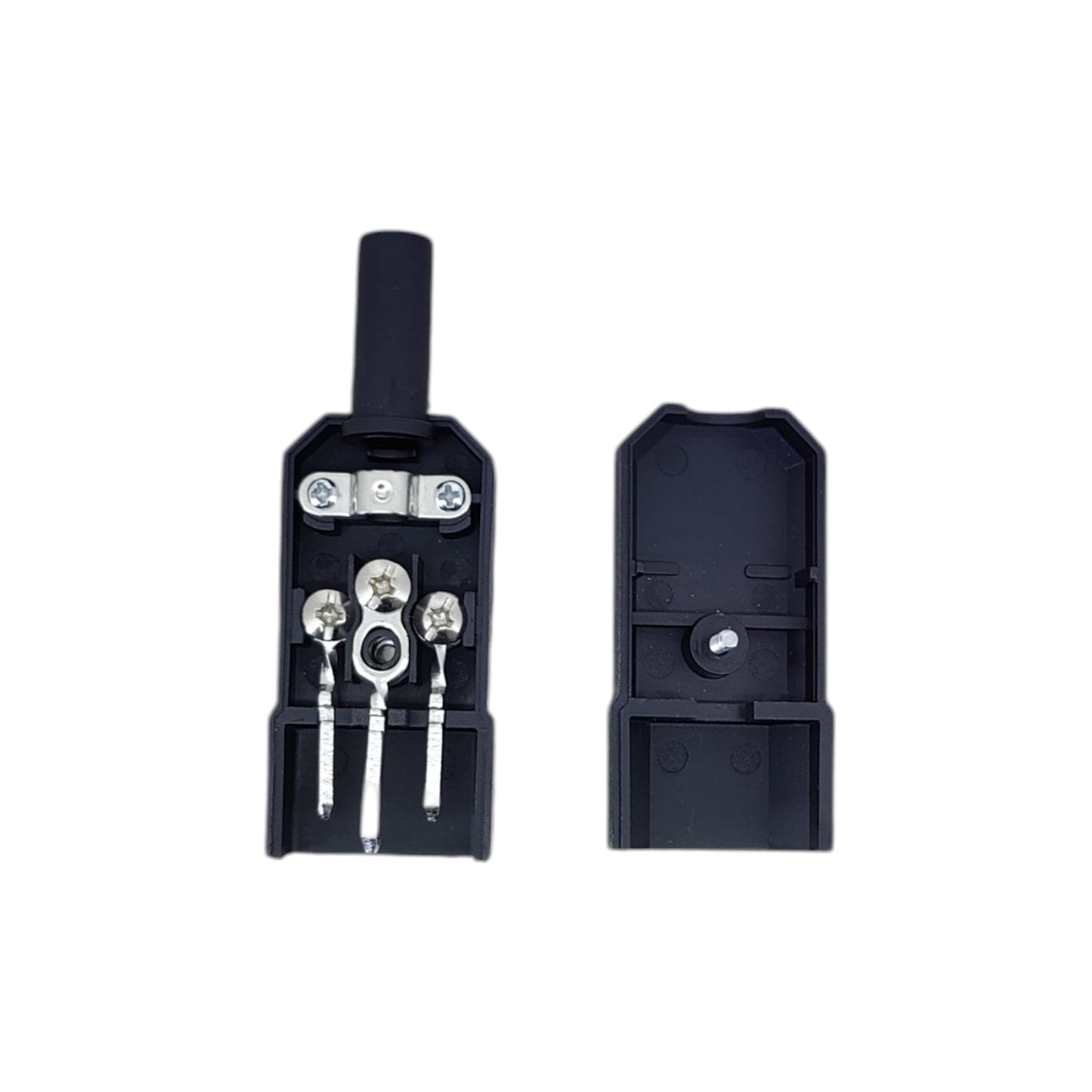 Internal view of IEC C14 male connector showing solderless screw terminals and cable strain relief clamp.