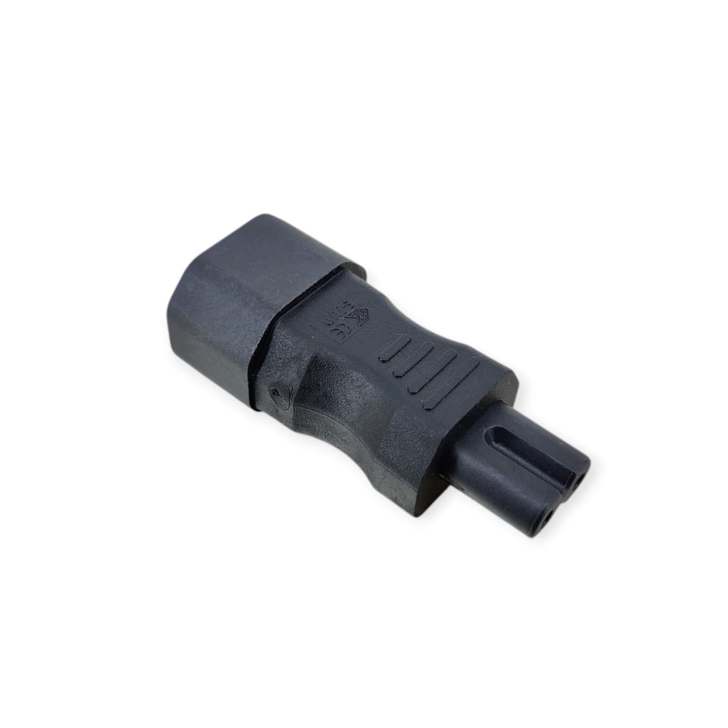 Side view of a black IEC C14 to C7 (figure-8) power adapter, showing both connectors.