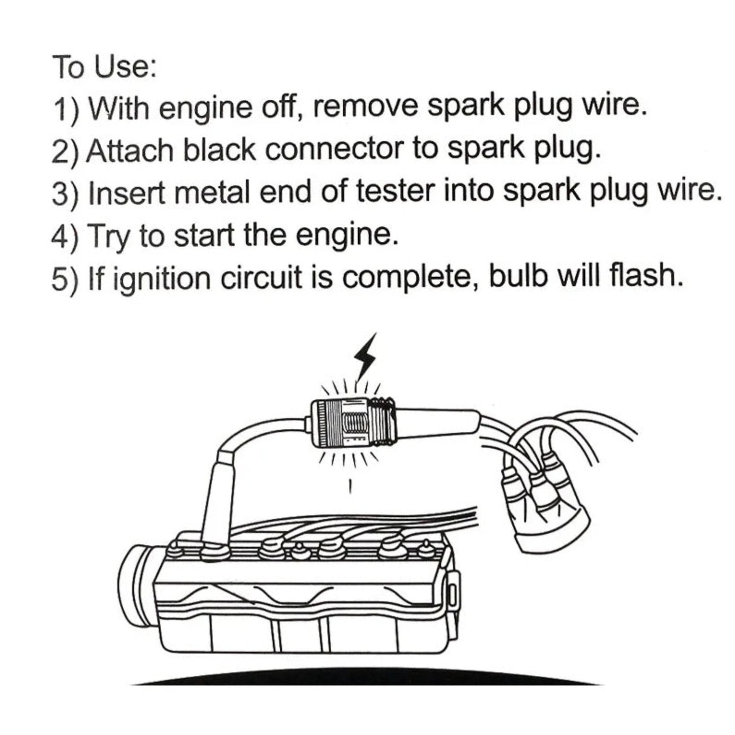 Diagram showing how to connect an in-line spark tester to an engine cylinder.