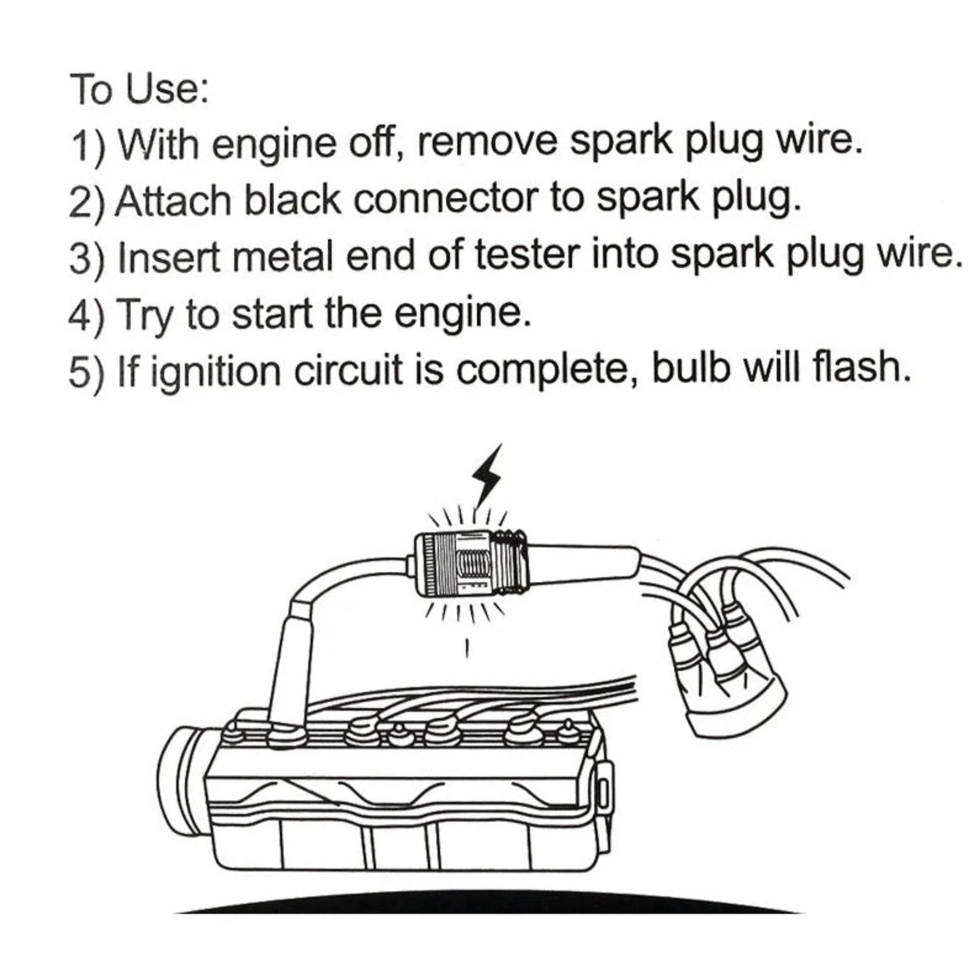 Diagram showing how to connect an in-line spark tester to an engine cylinder.
