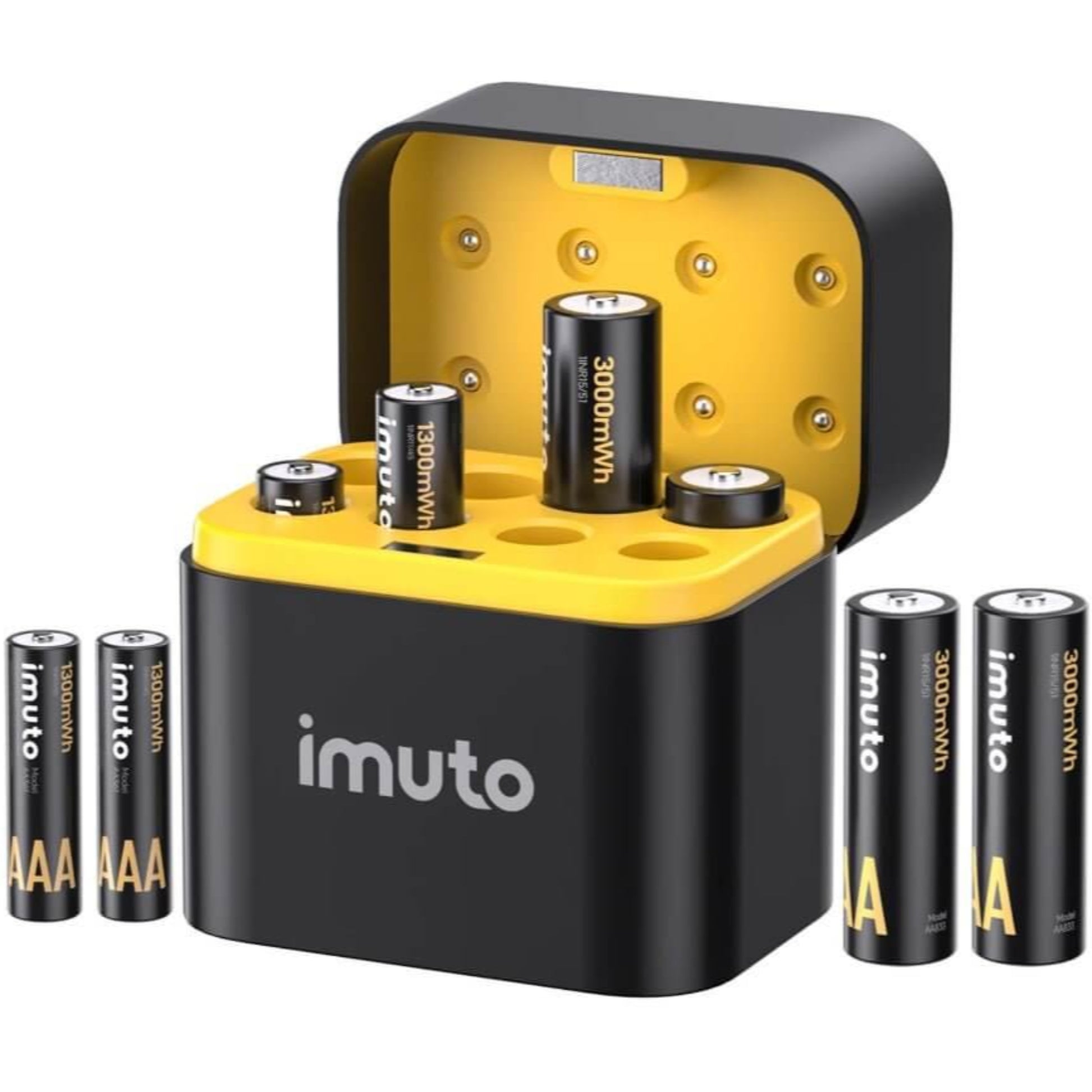 Imuto rechargeable AA and AAA lithium batteries with an 8-slot fast charger, designed for long-lasting electronic performance.
