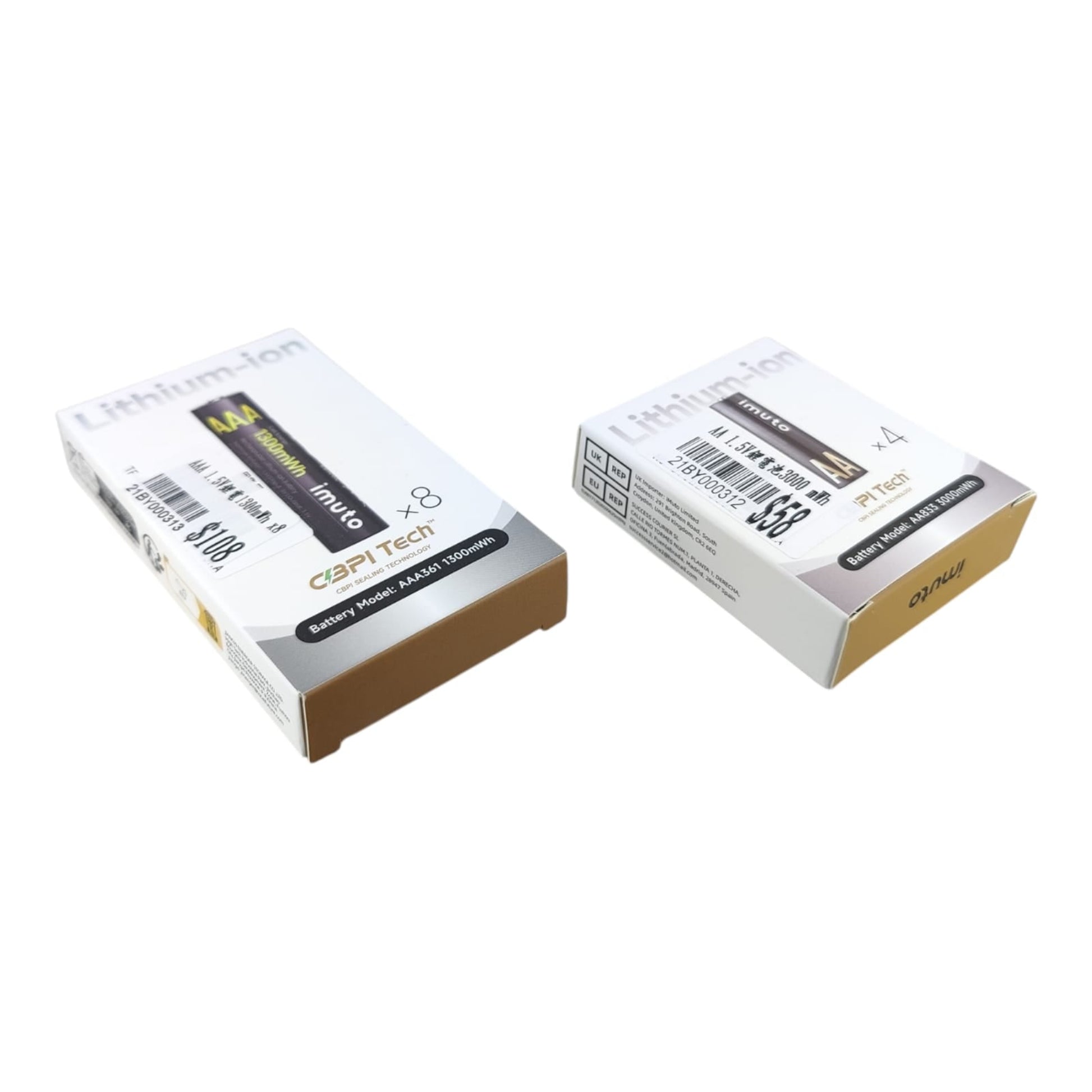 Imuto 1.5V Li-ion Rechargeable Batteries - AA (4-Pack) / AAA (8-Pack) packaging displayed side by side.