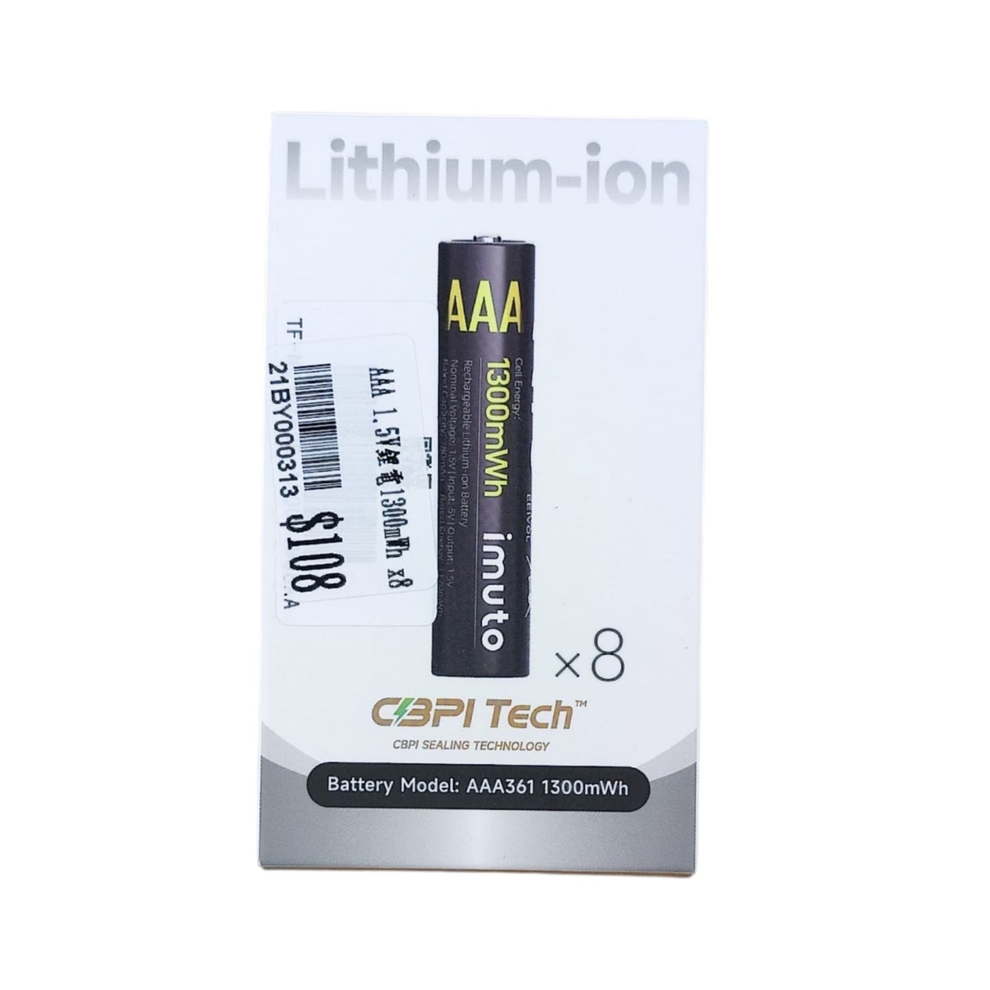 Imuto 1.5V Li-ion Rechargeable Batteries - AA (4-Pack) / AAA (8-Pack) display packaging with AAA batteries.