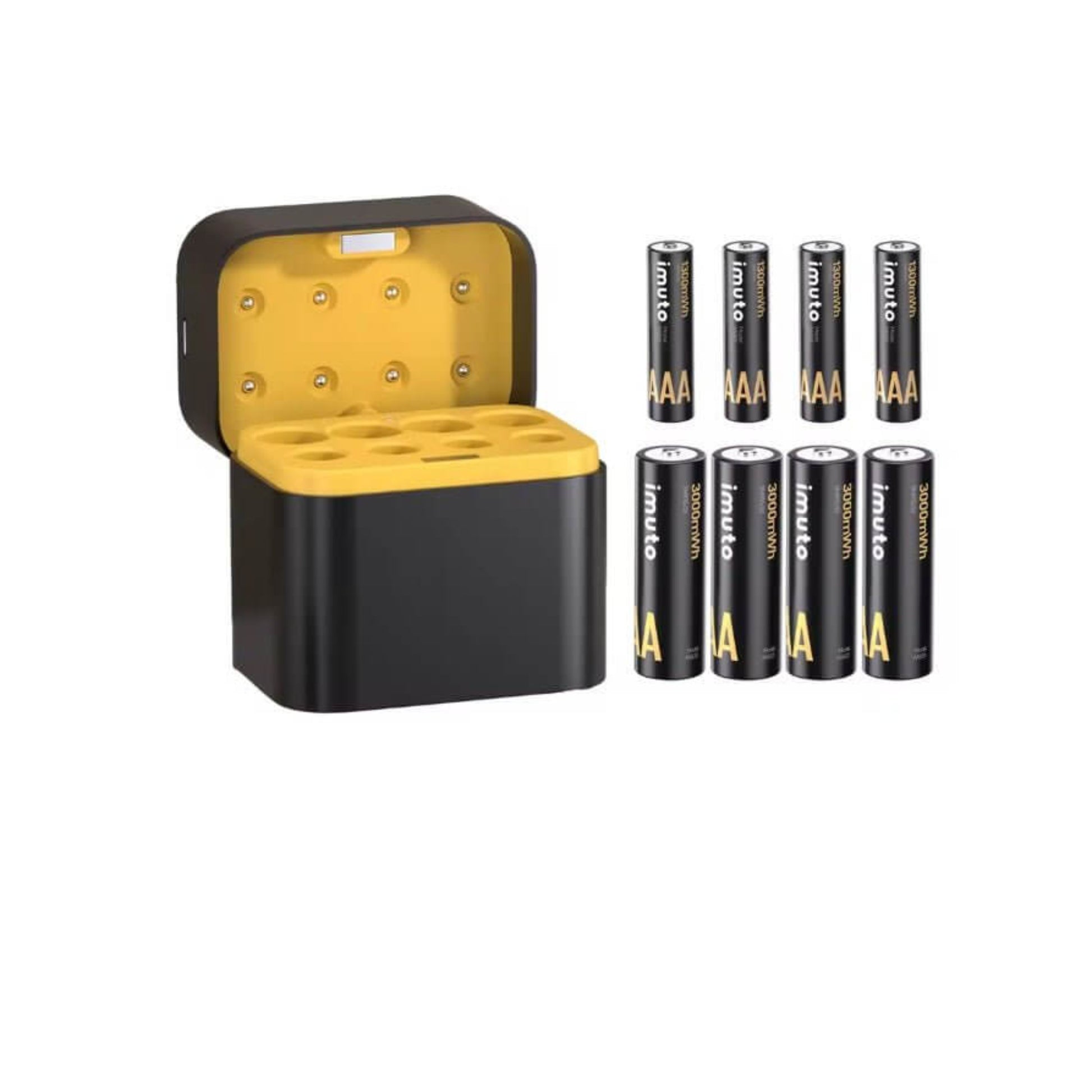 Imuto 1.5V rechargeable AA and AAA lithium batteries with 8-slot fast charger for efficient power solutions.