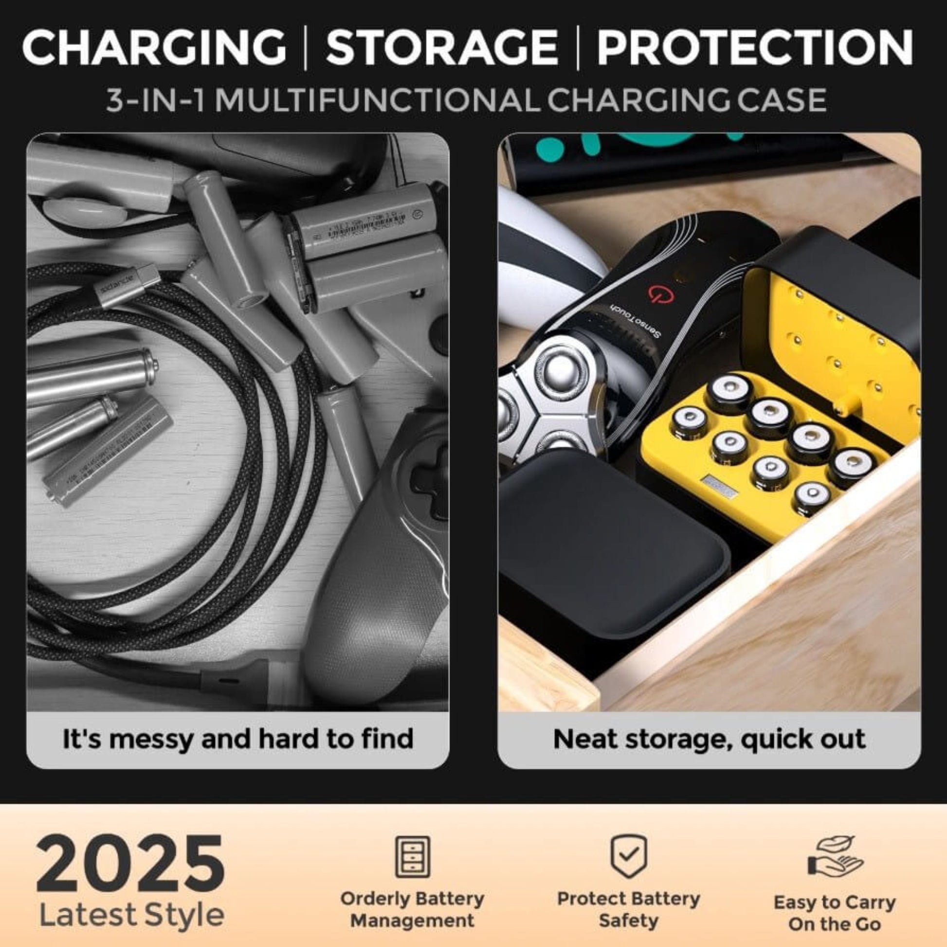 3-in-1 multifunctional charging case for batteries, showcasing neat storage and organization for easy access.