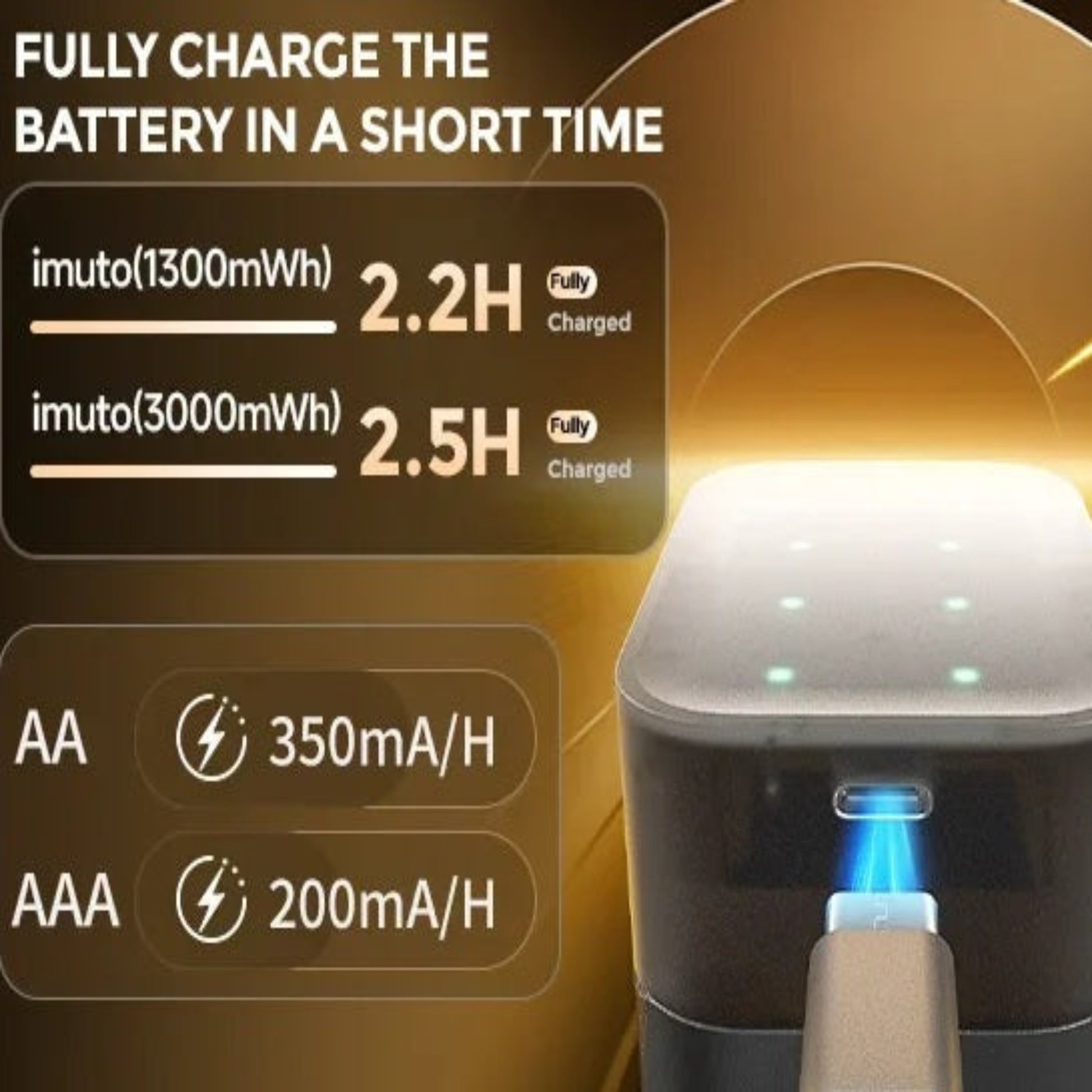 Imuto 1.5V Li-ion Rechargeable Batteries - AA (4-Pack) / AAA (8-Pack) charging time and capacity information.
