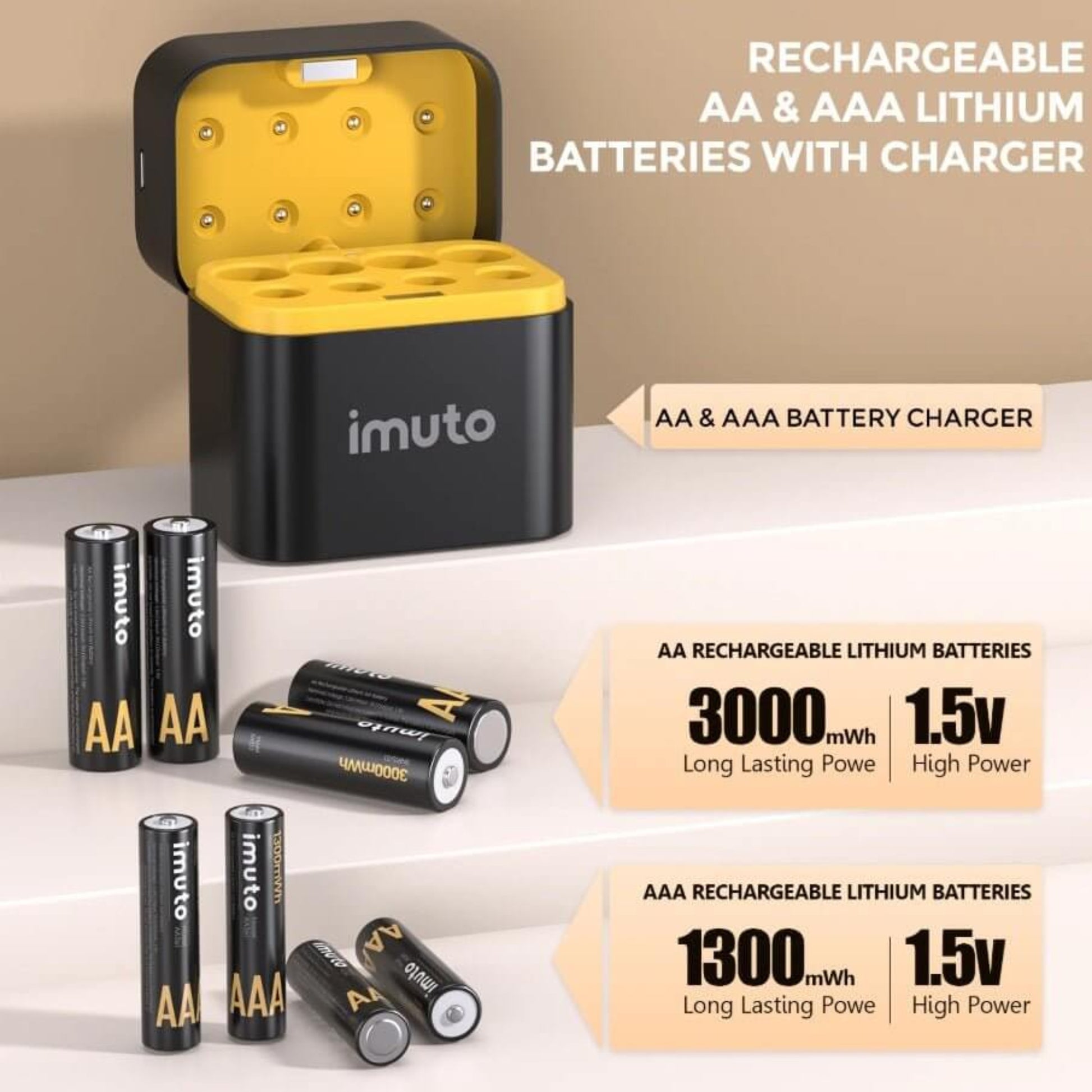 Imuto rechargeable AA & AAA lithium batteries with 8-slot charger; long-lasting power and high performance.