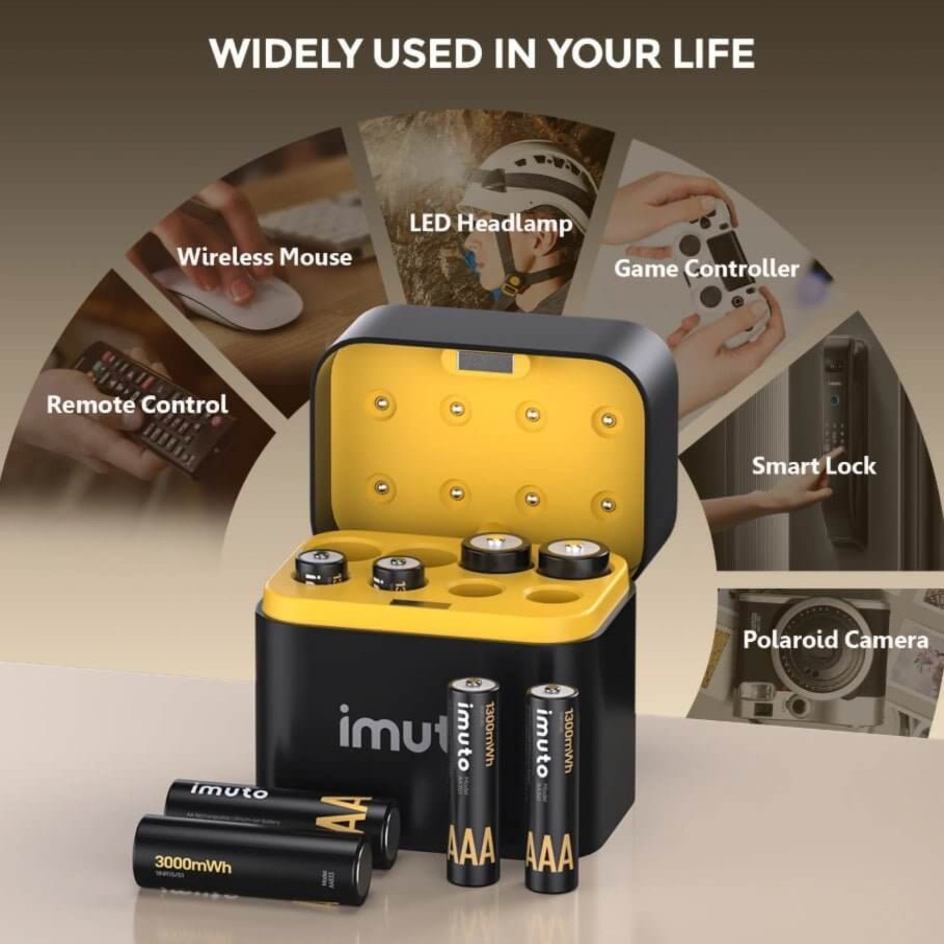 Imuto rechargeable AA and AAA batteries with 8-slot charger, ideal for various electronic devices.