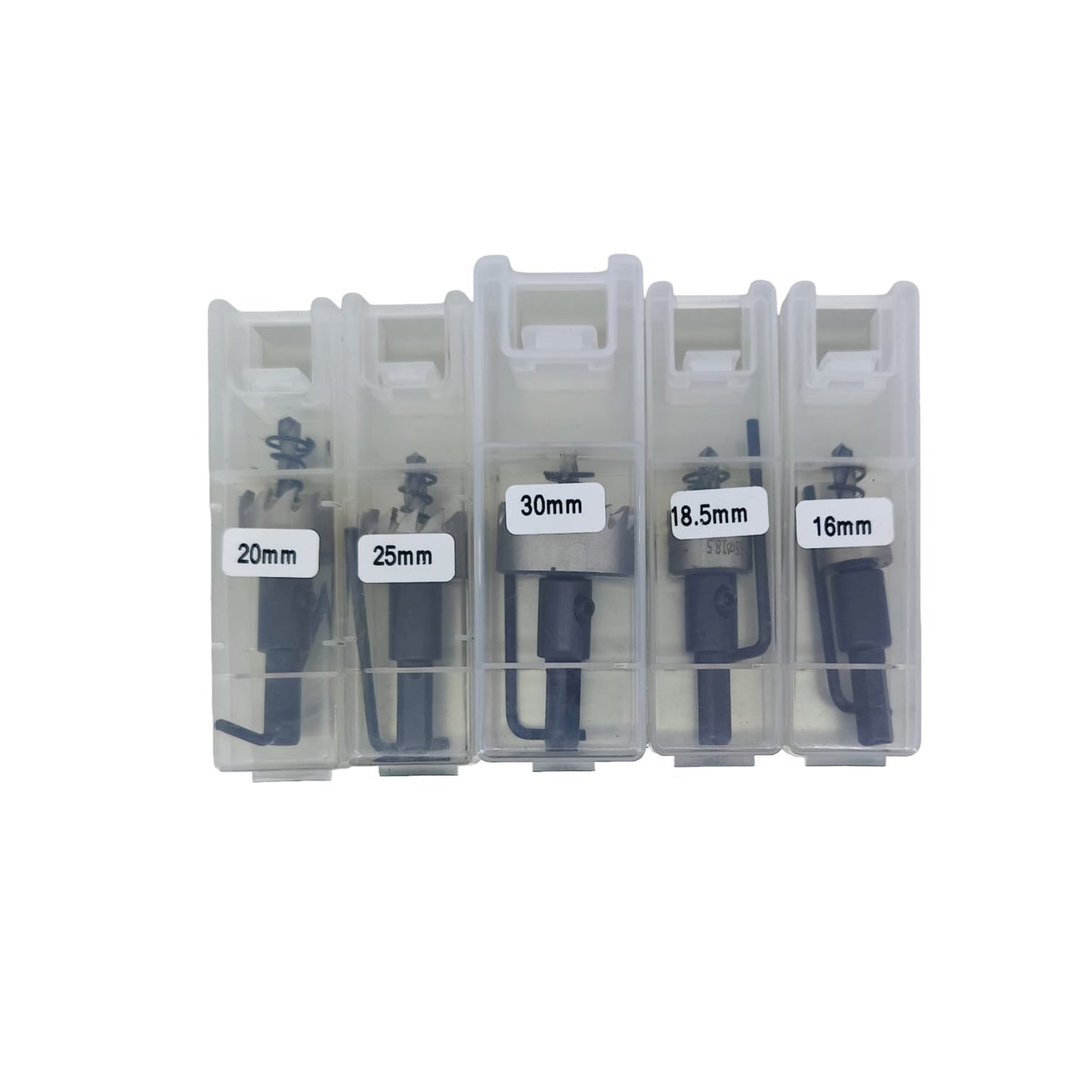 Individual plastic cases with size labels