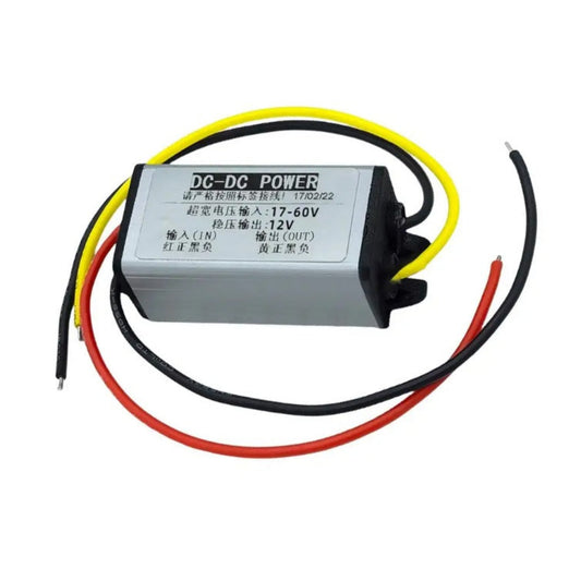 Industrial 17-60V to 12V 3A DC-DC step down converter front profile showing aluminum shell.