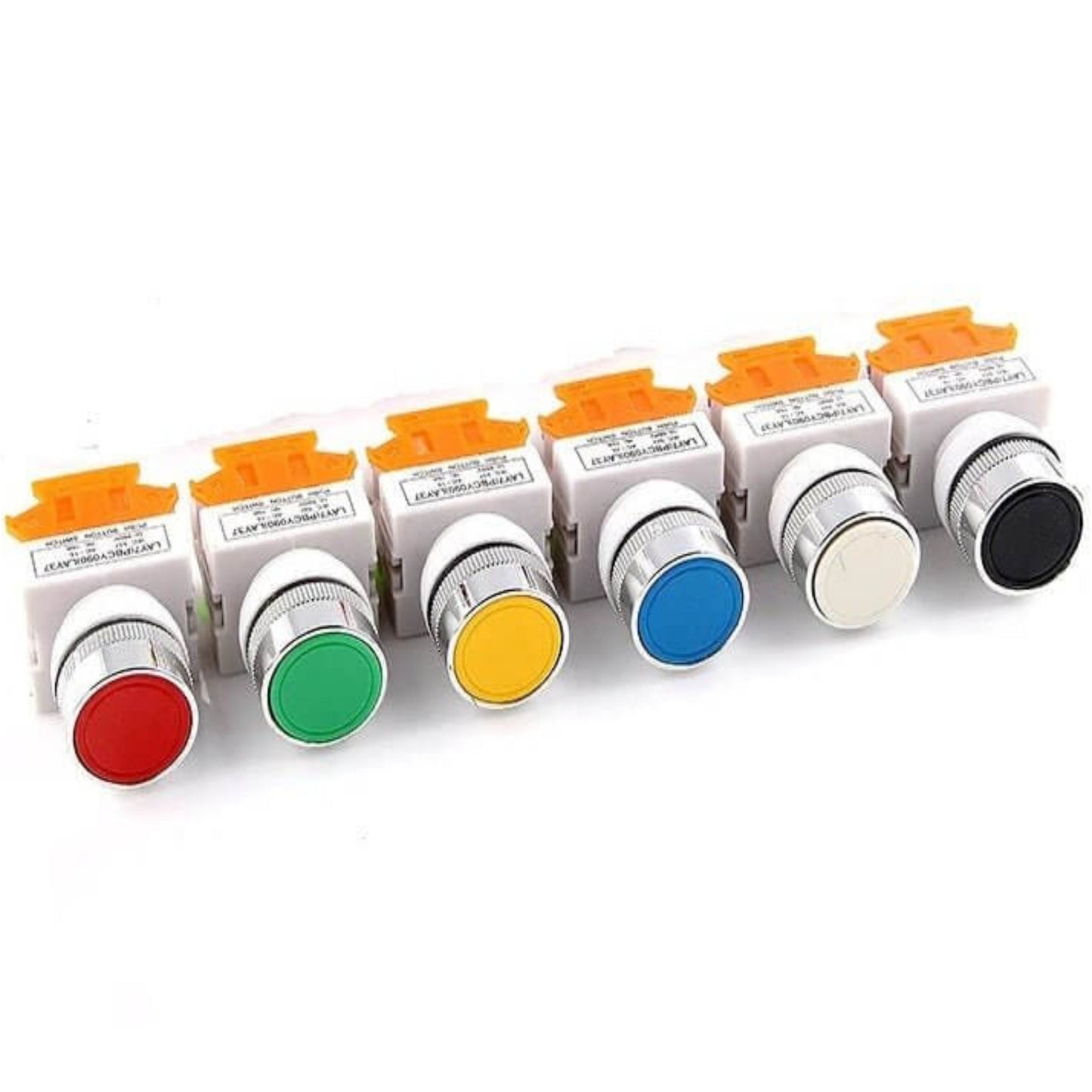 Set of 22mm round head self-lock push button switches in red, green, yellow, blue, white, and black colors.