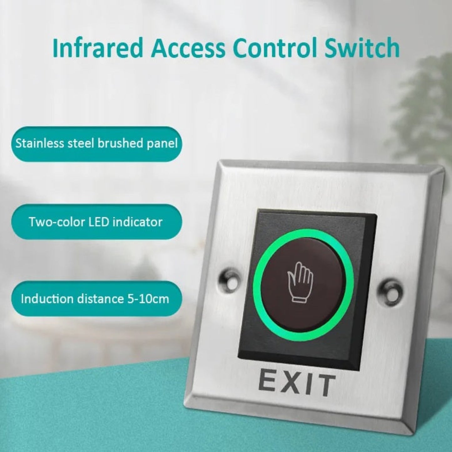 Infrared Access Control Switch with a stainless steel panel and "EXIT" sign.