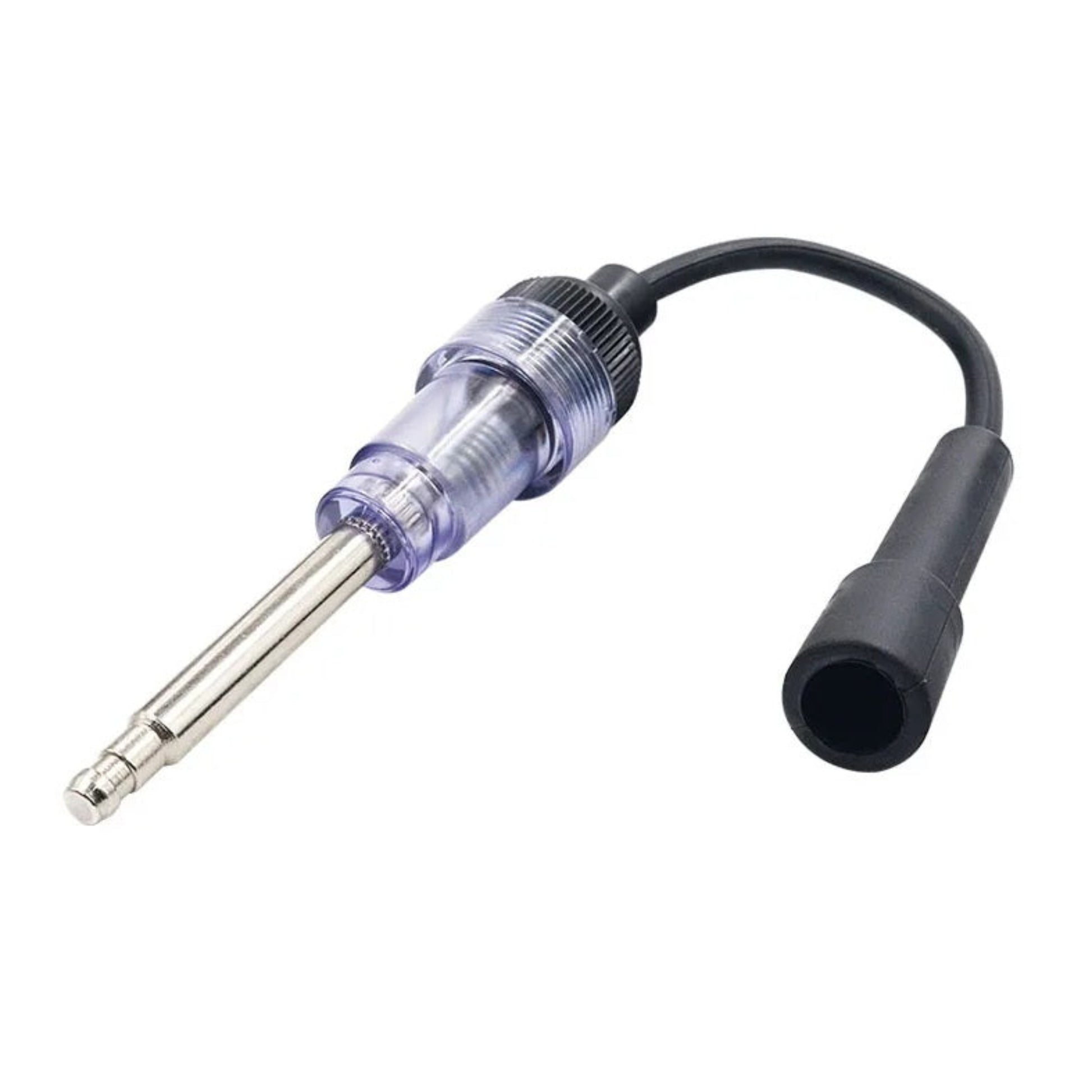 In-line automotive spark plug tester tool isolated on white background.