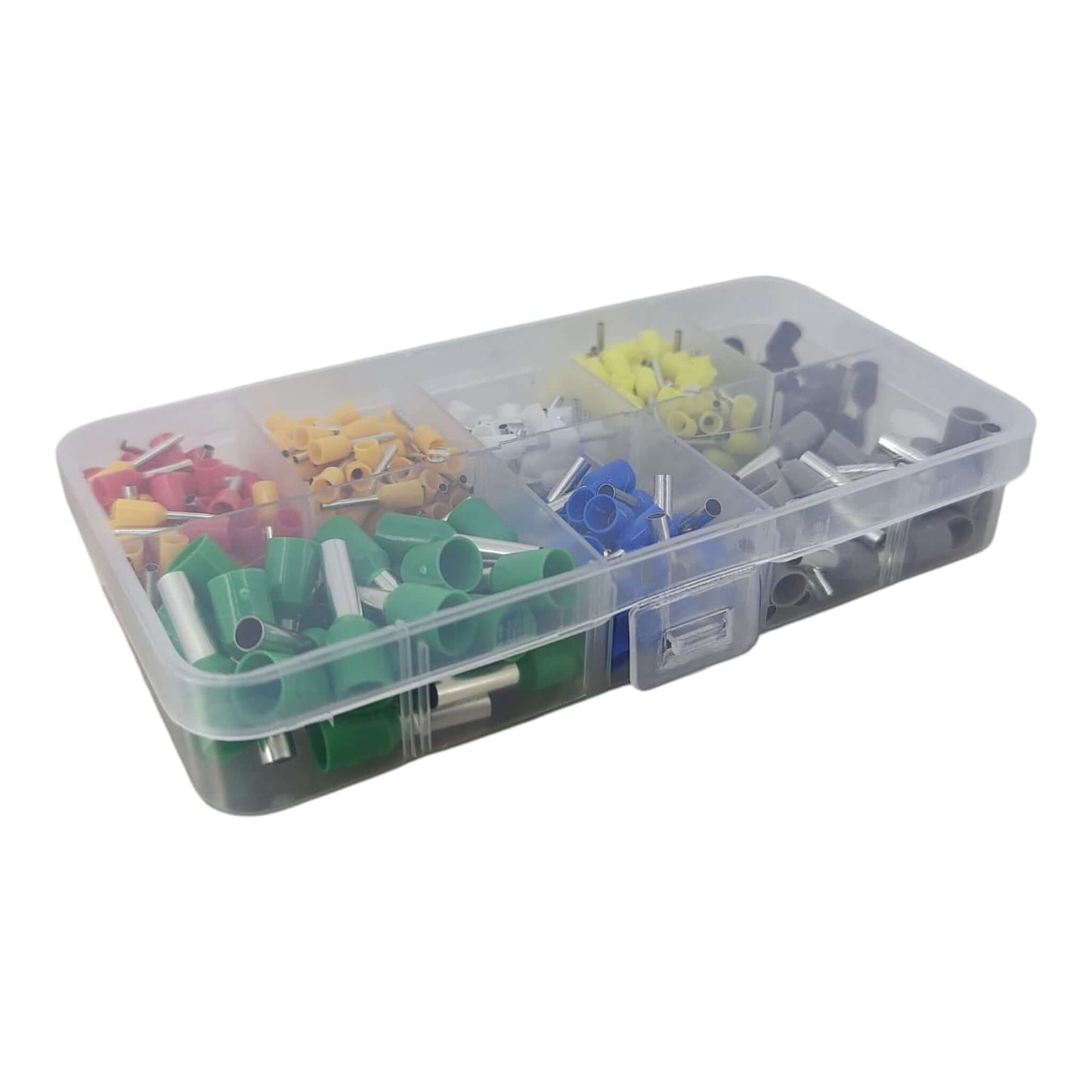 Clear plastic box with colorful small components on a white background