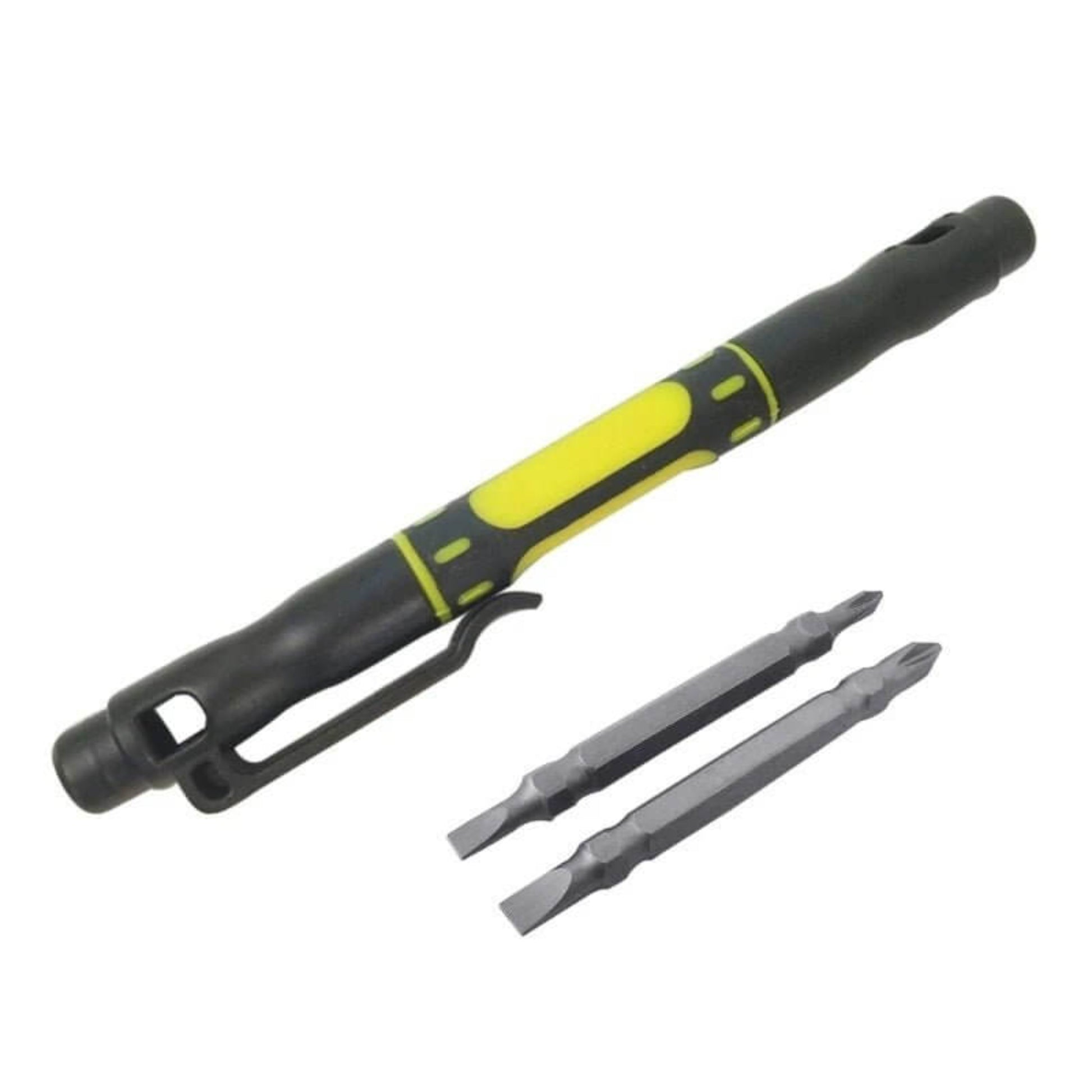Close up of yellow and black pen screwdriver handle with two double-ended interchangeable steel bits.