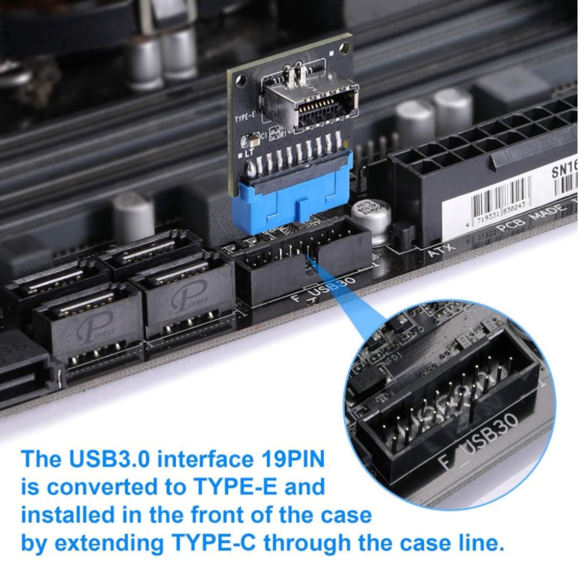 Connecting the Type-E adapter to the F_USB30 19-pin interface on a computer motherboard.