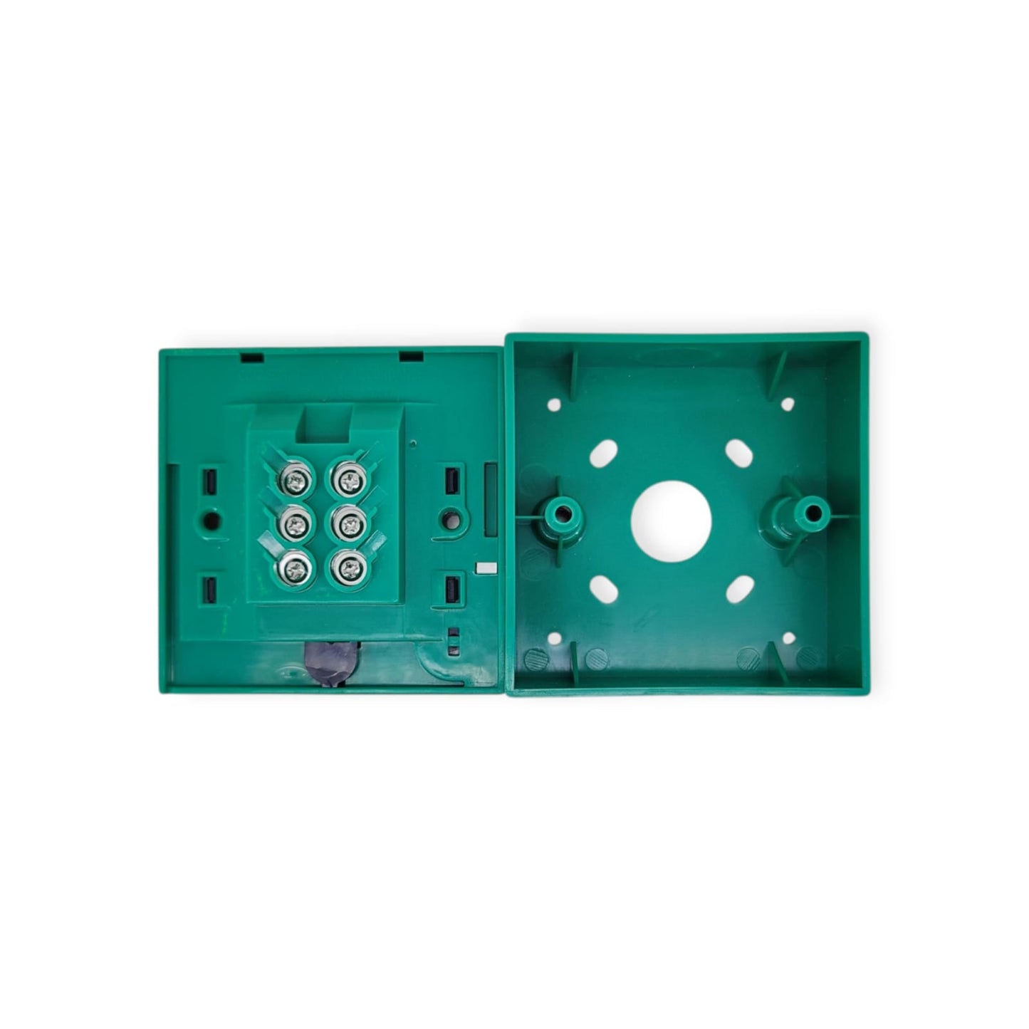 The emergency break glass switch opened to show the internal components and terminal block.