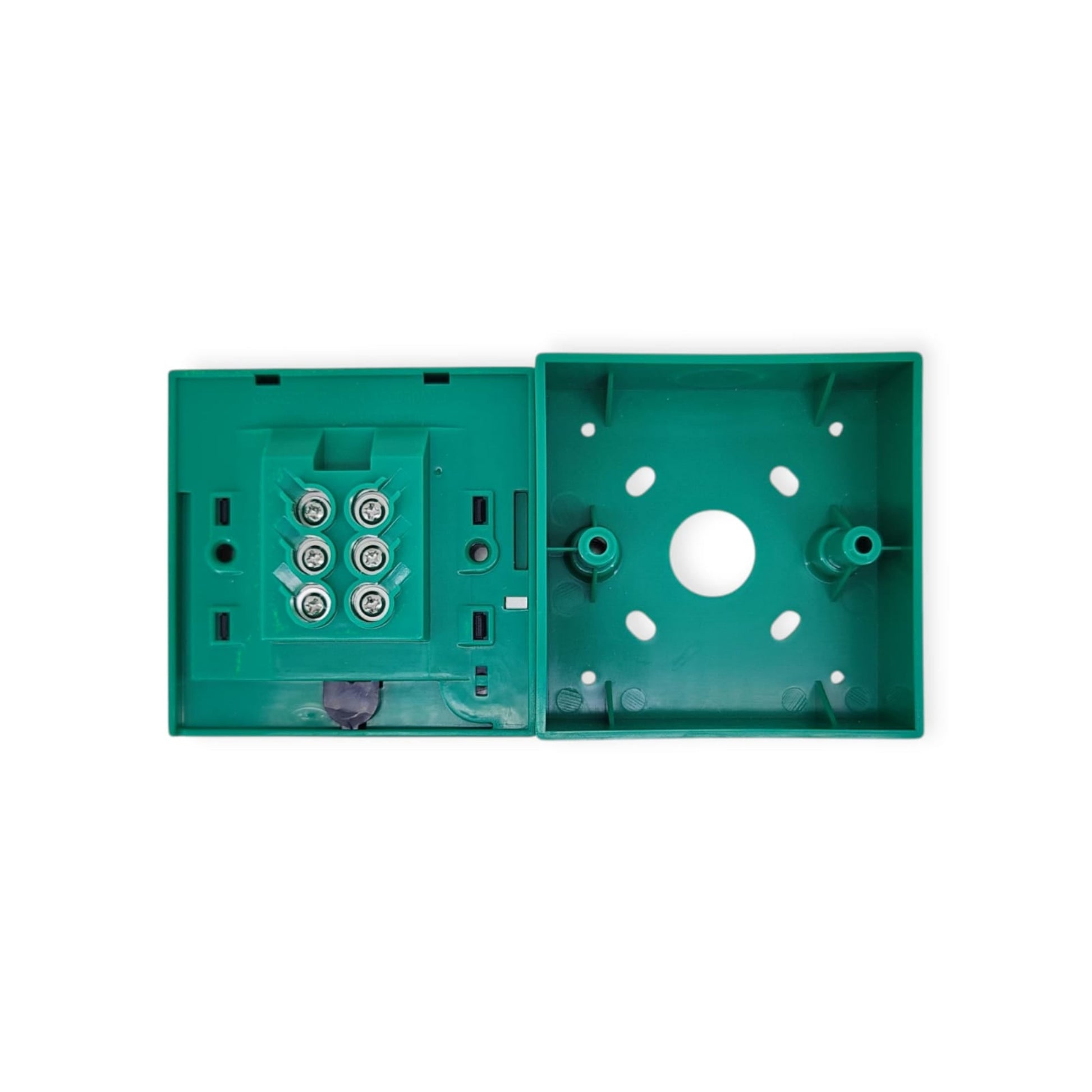 The emergency break glass switch opened to show the internal components and terminal block.