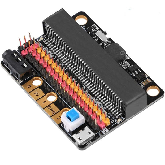 IOBIT V2.0 Micro:bit 臥式擴展板的頂部視角，展示紅黃黑分色的 3-Pin 傳感器排針及 3.5mm 音頻接口。