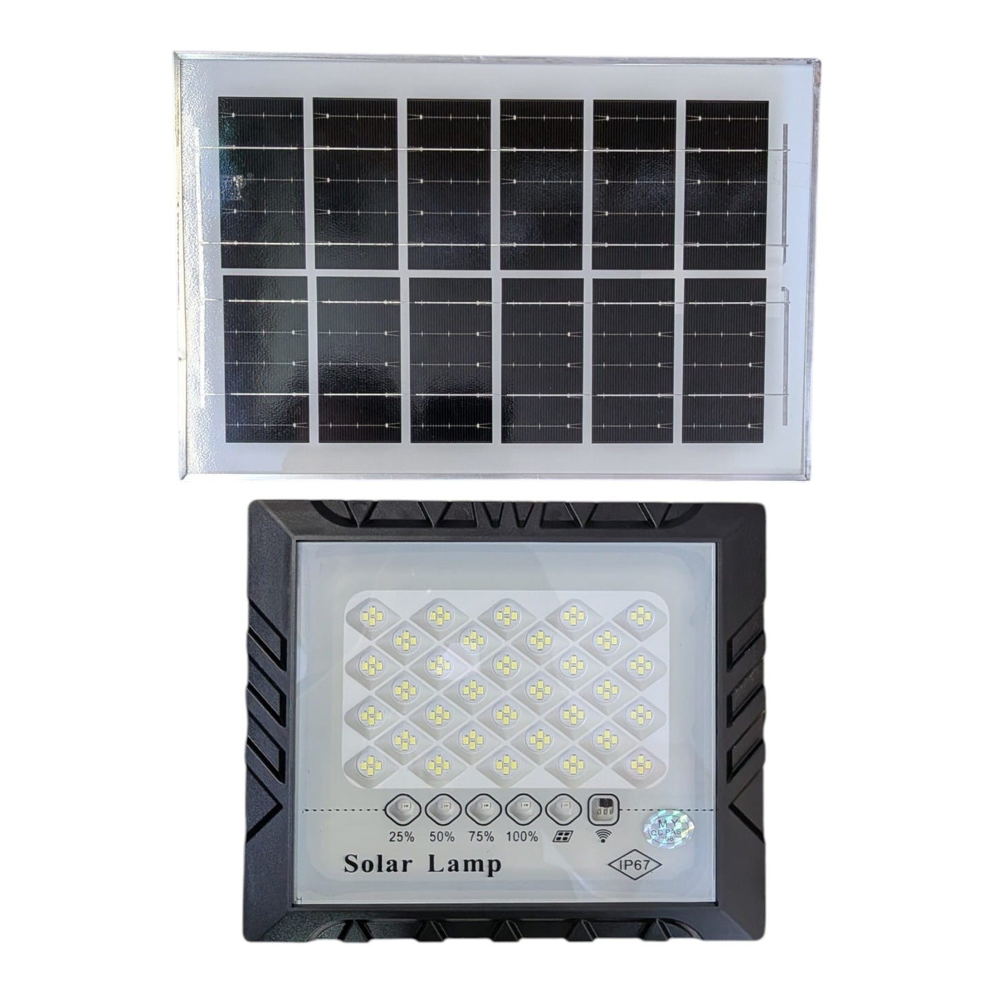 IP67防水太陽能LED泛光燈及太陽能板正面。新昌電腦深水埗實體店有售，提供現場技術支援。