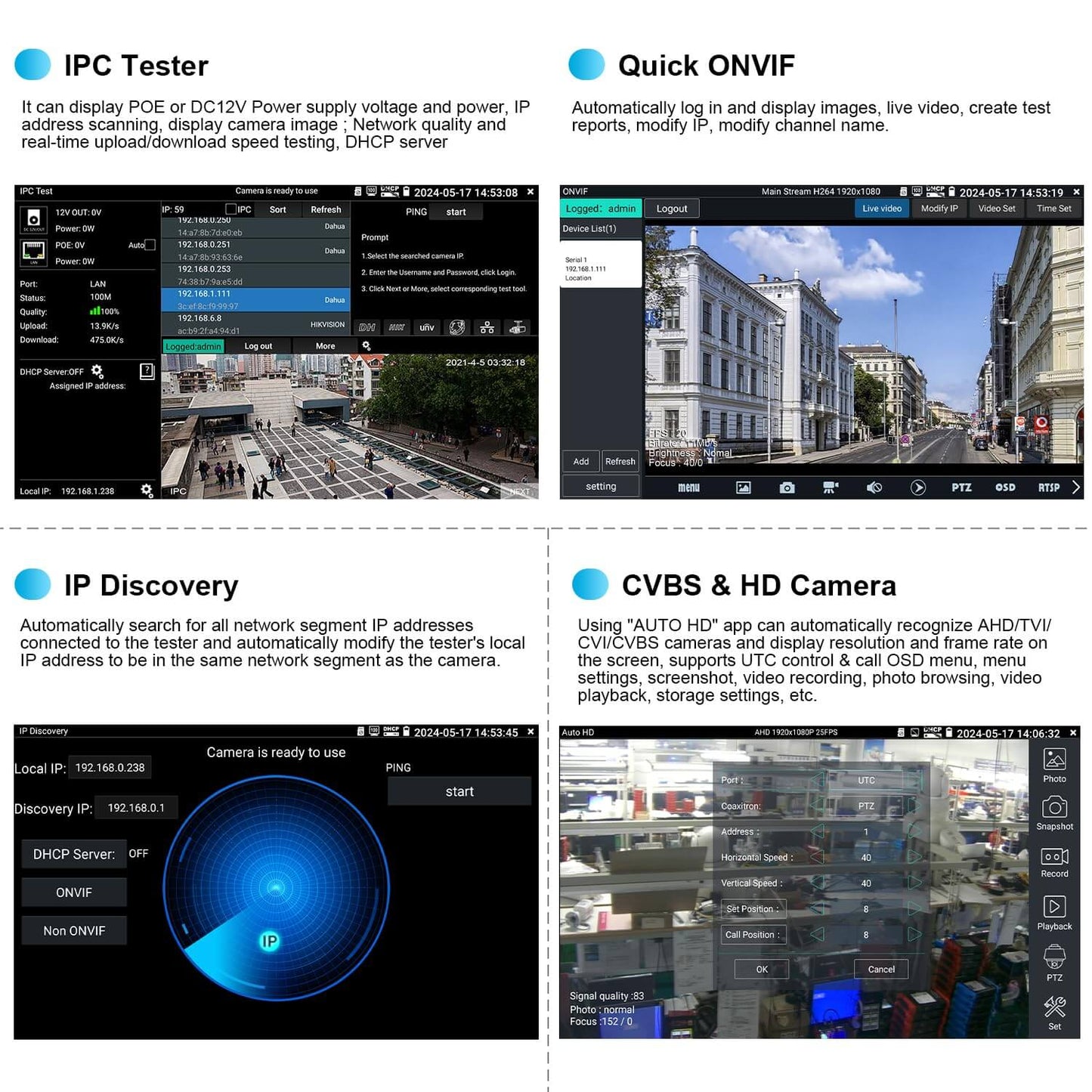 IPC-5100 Plus 4K CCTV tester features various functions like IP discovery, ONVIF support, and camera playback options.