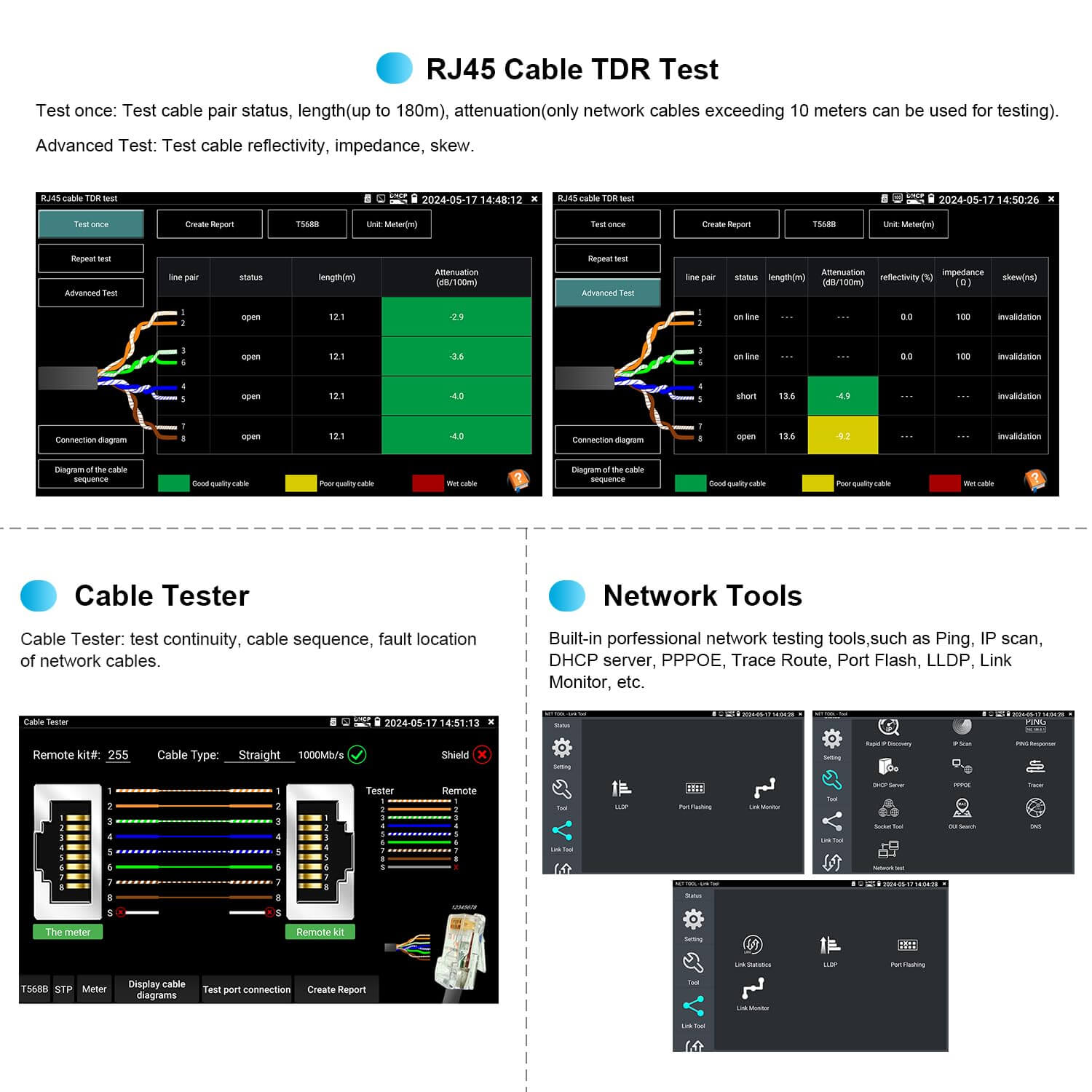 RJ45 Cable Tester and Network Tools with TDR Test features for efficient cable diagnostics and continuity.