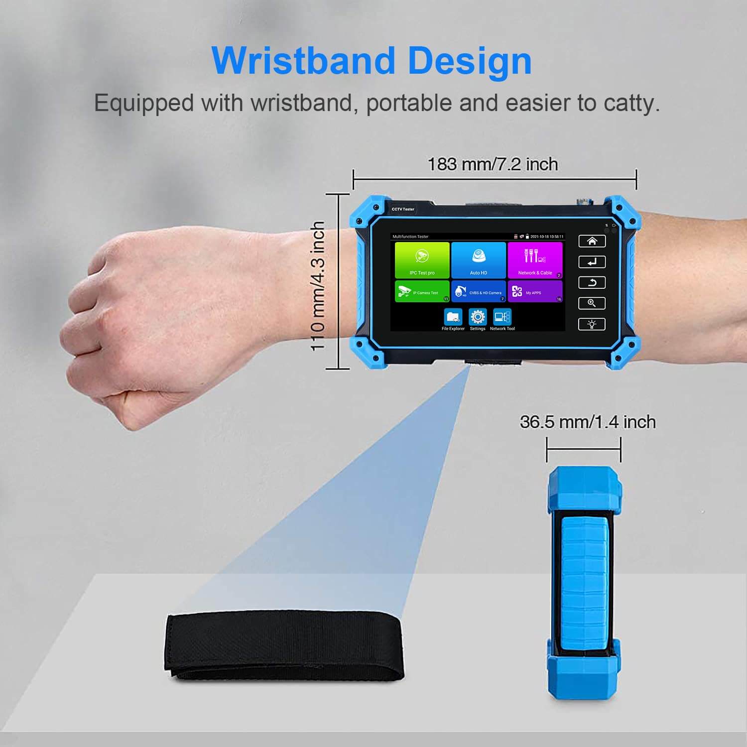 IPC-5100 Plus 4K CCTV camera tester with wristband design for portability, showcasing 5.4-inch display and features.