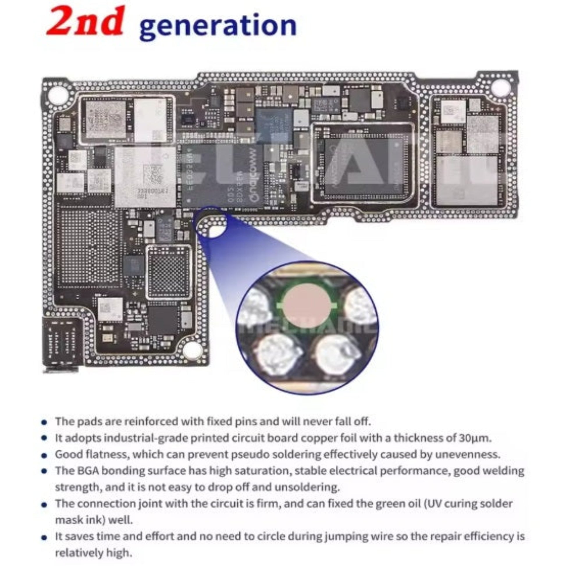 Microscope view of a motherboard BGA pad repaired using the Mechanic Magic Tag.