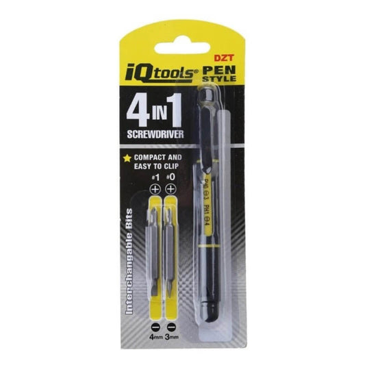 iQtools 4-in-1 pen style screwdriver retail packaging with Phillips #1, #0 and 4mm, 3mm slotted bits.