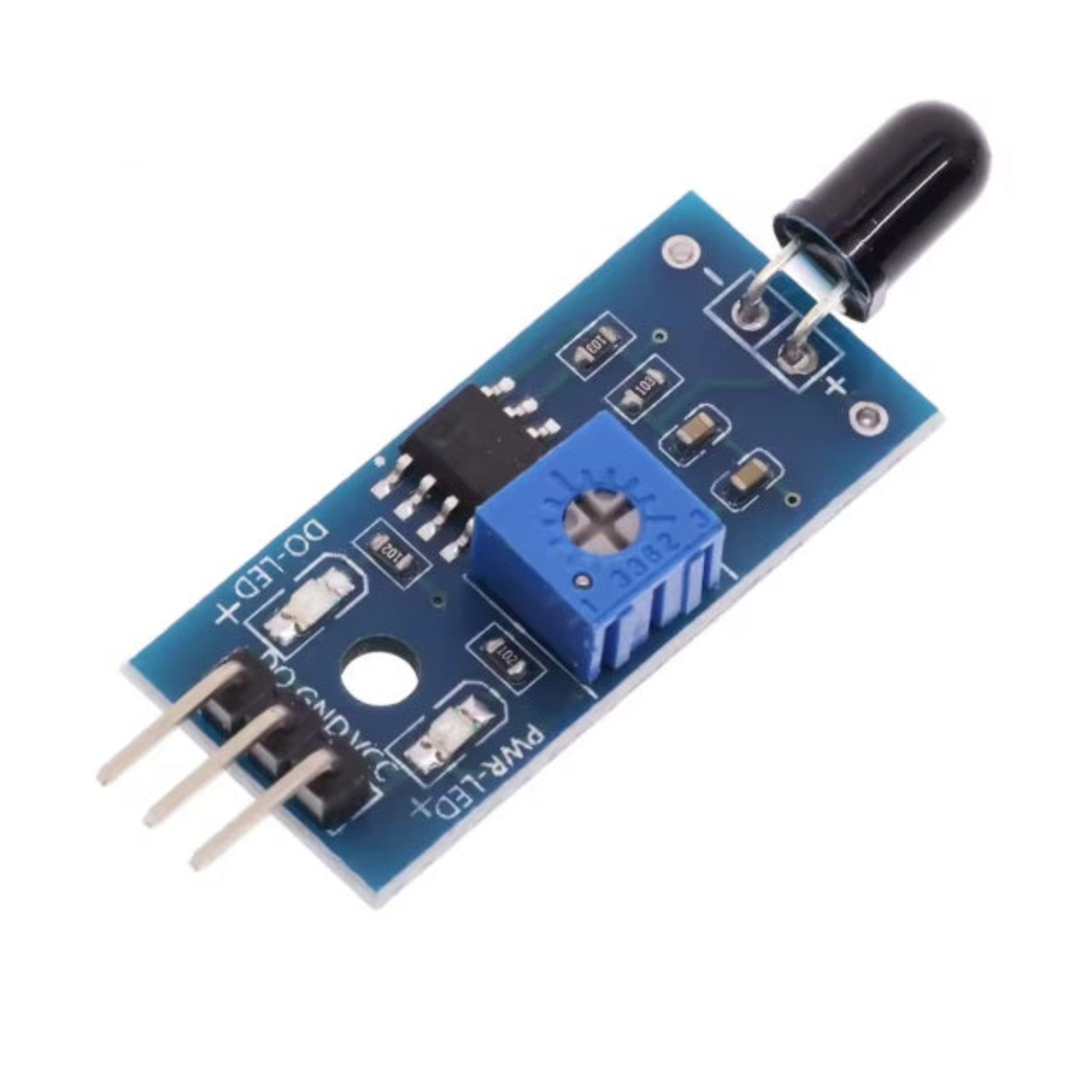 Top-down view of the 3.3V-5V flame detector sensor module, highlighting the sensor head and VCC/GND/DO pins.