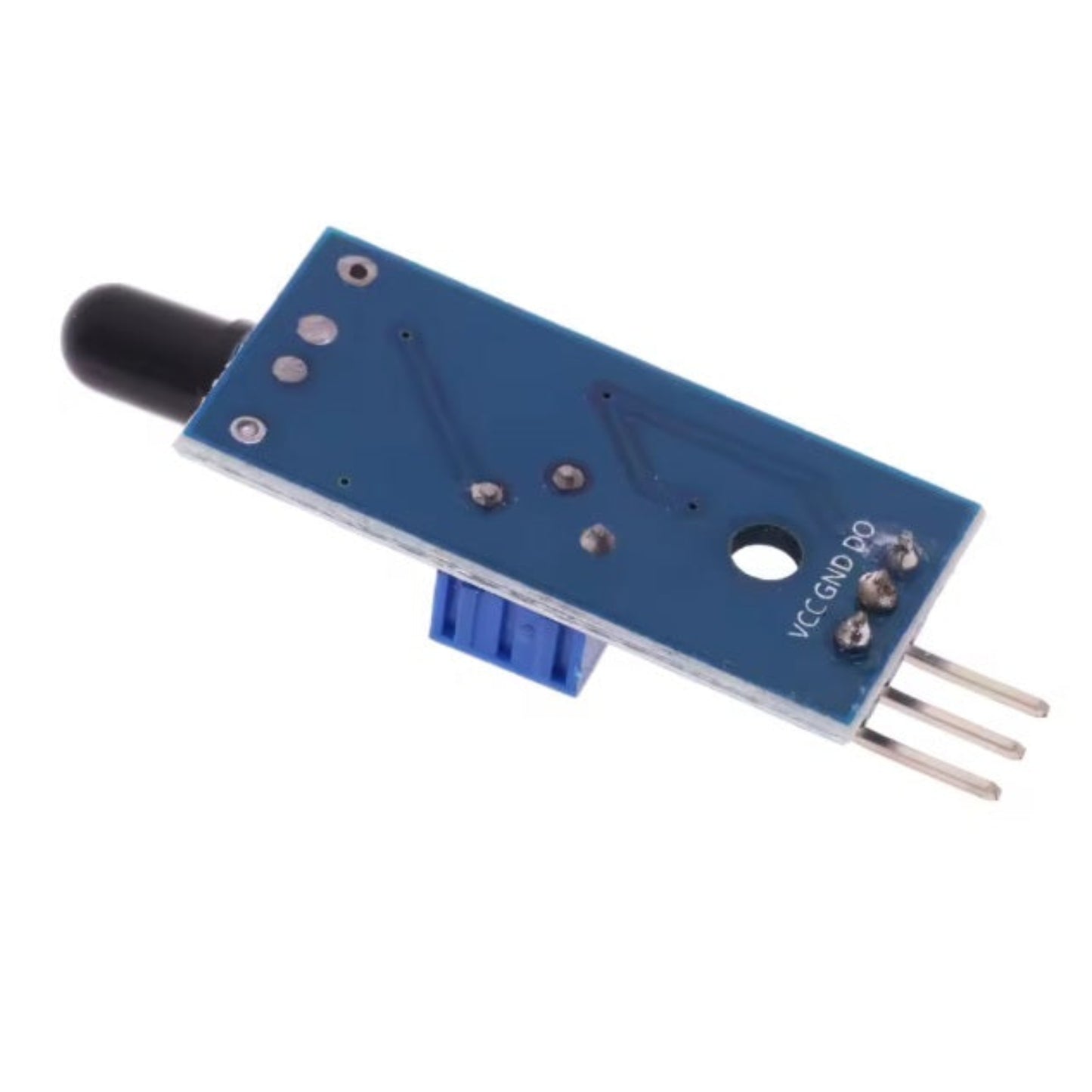 Back view of the IR Flame Sensor Module, clearly displaying the VCC, GND, and Digital Output (DO) pin labels.