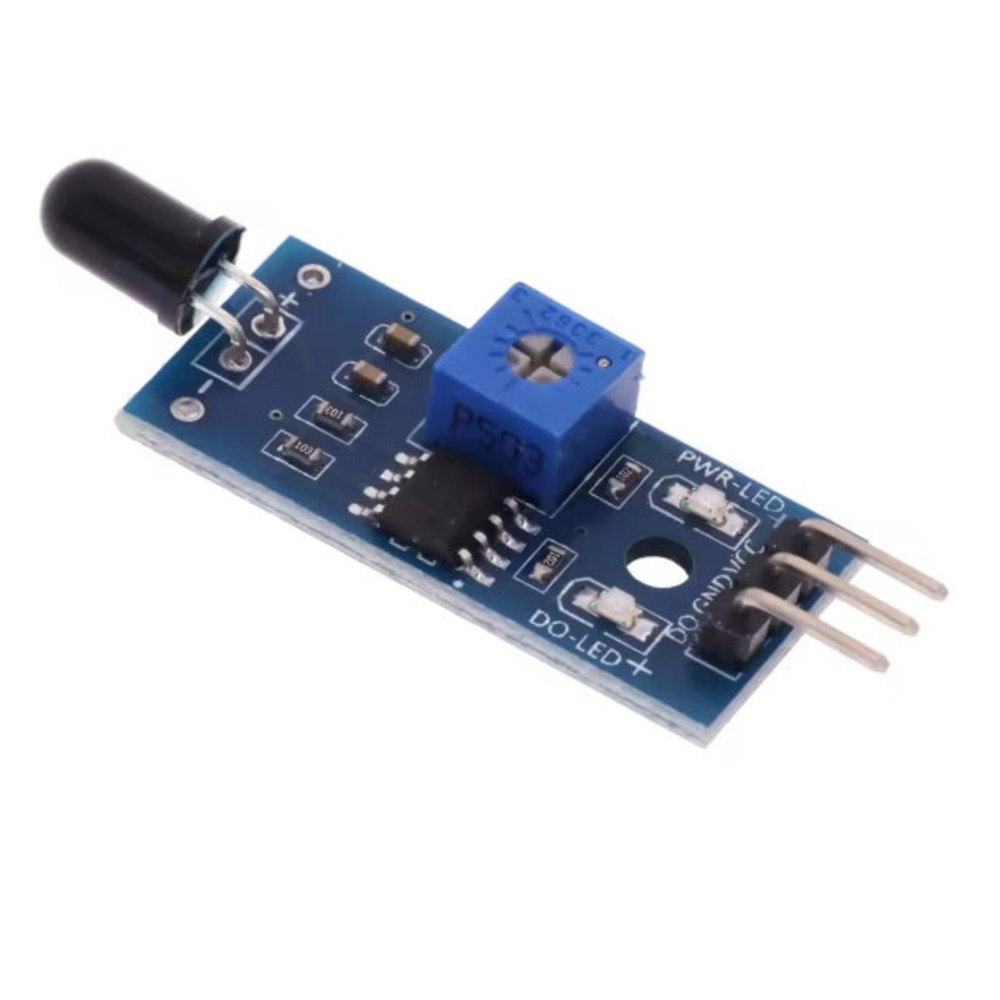 Close-up front view of the IR Flame Sensor Module showing the LM393 chip, blue potentiometer, and 3-pin interface.
