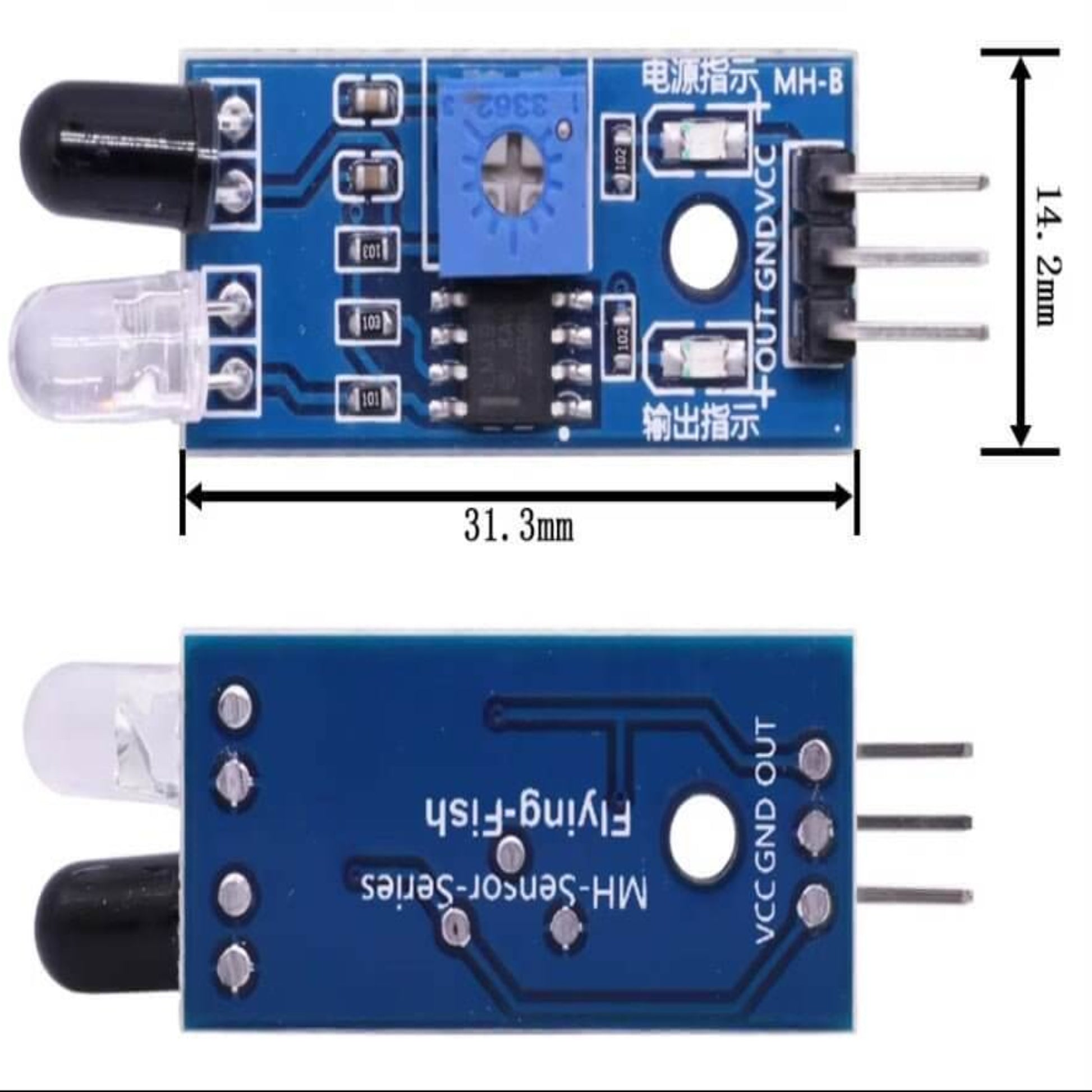 Arduino IR obstacle avoidance sensor module showing top and bottom views with dimensions for robotics projects.