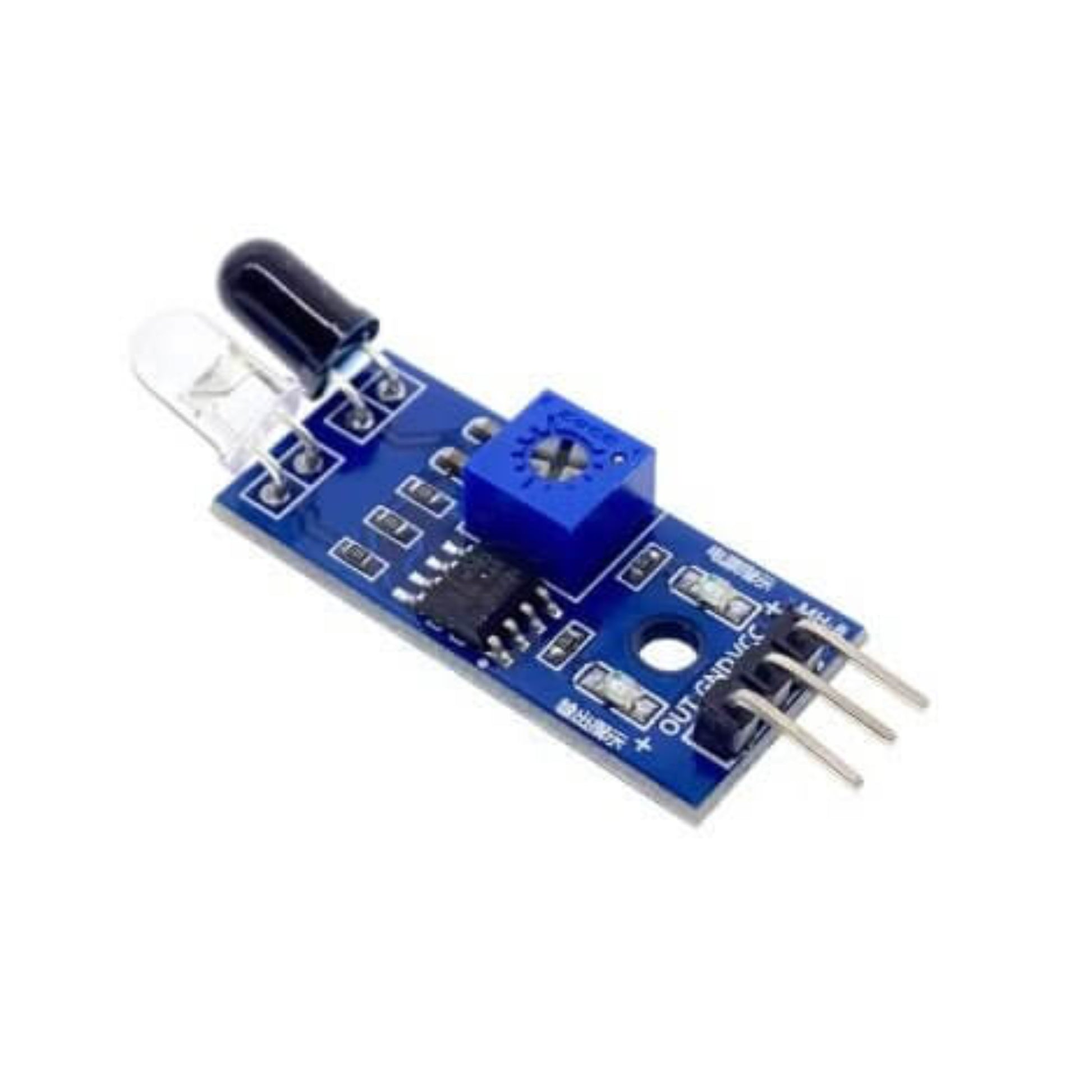 Arduino IR obstacle avoidance sensor module with infrared LED and photodiode for distance detection.
