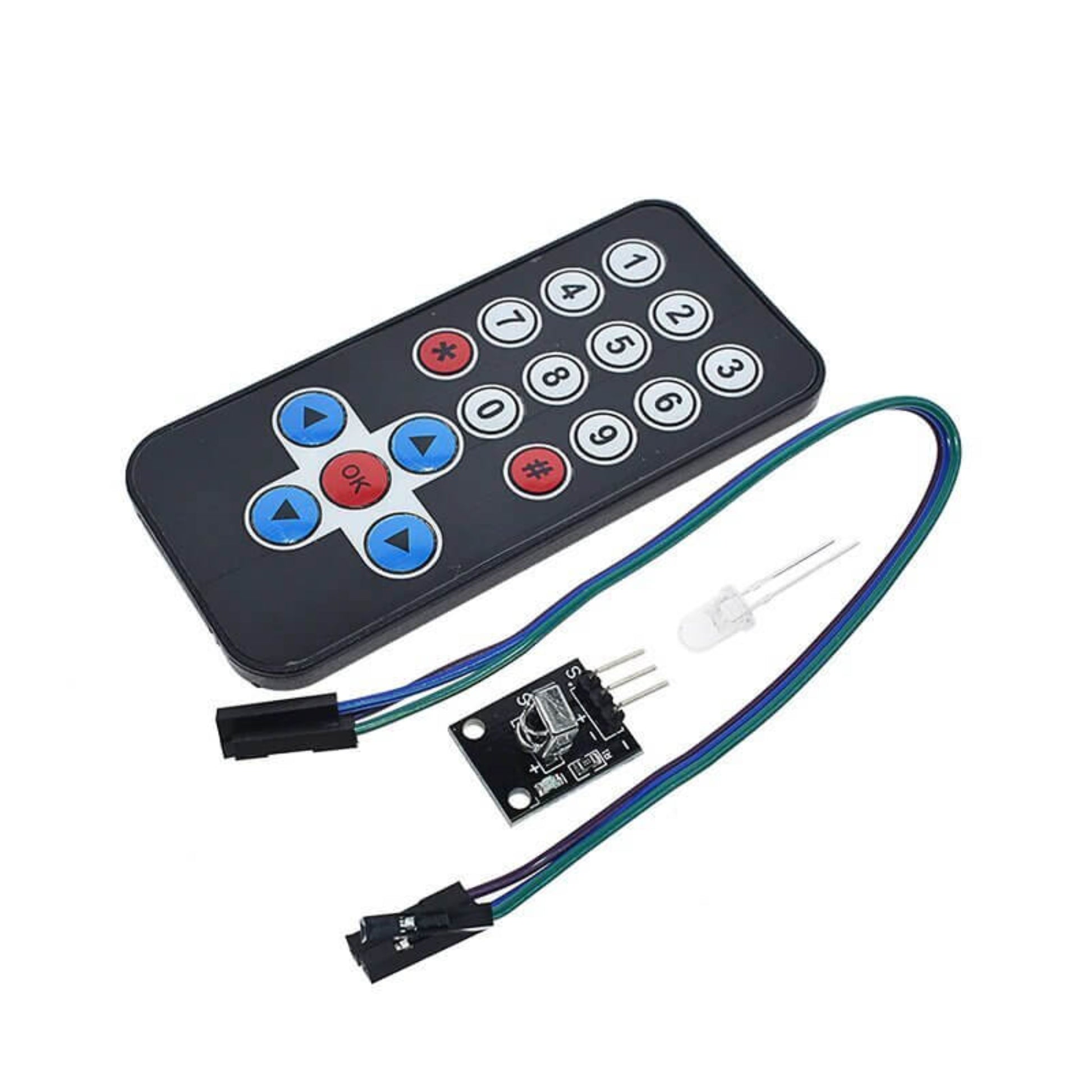 IR Wireless Remote Control Kit for Arduino and Raspberry Pi. Includes Mini Slim remote, HX1838 receiver module, and LED.