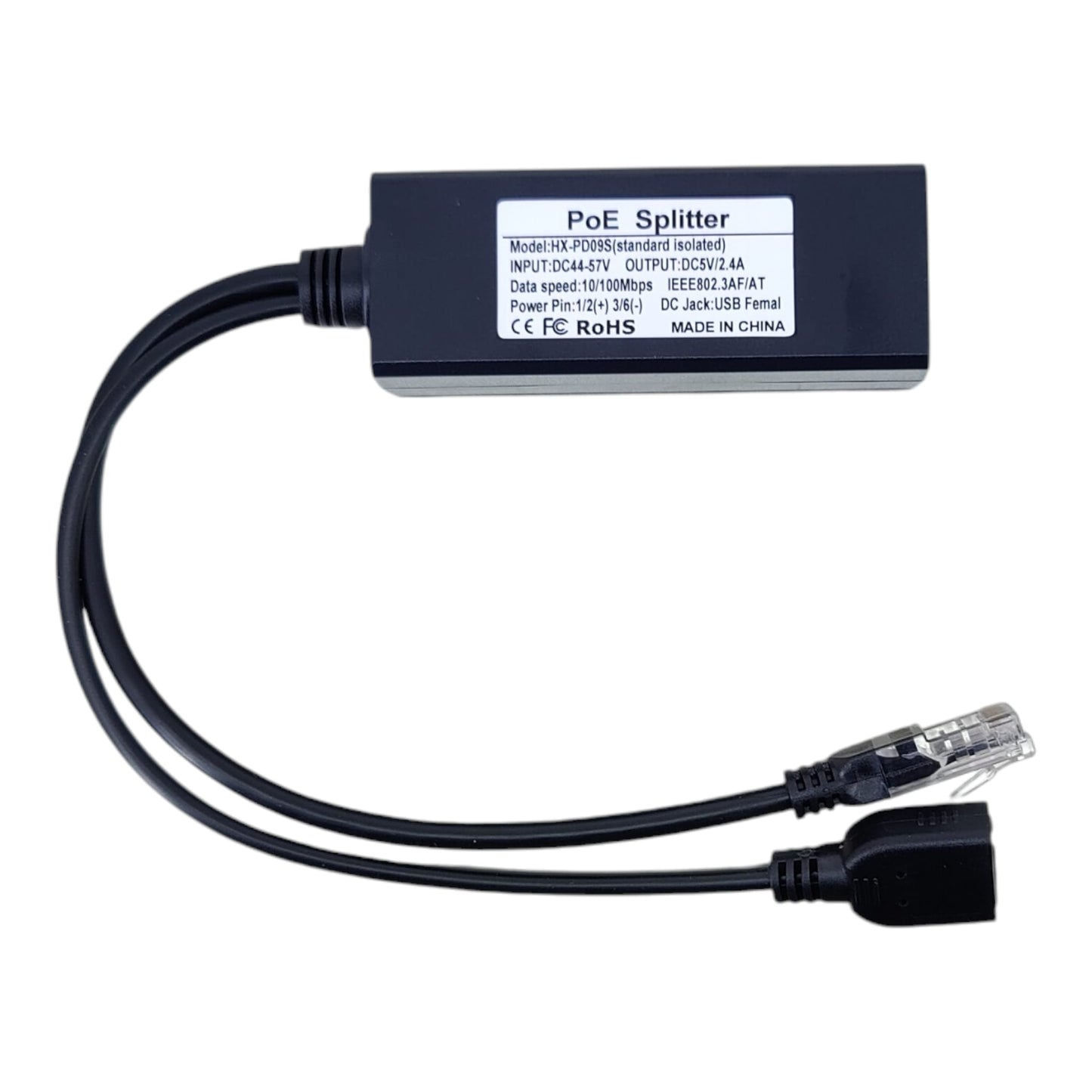Specification label on HX-PD09S standard isolated PoE splitter 5V 2.4A