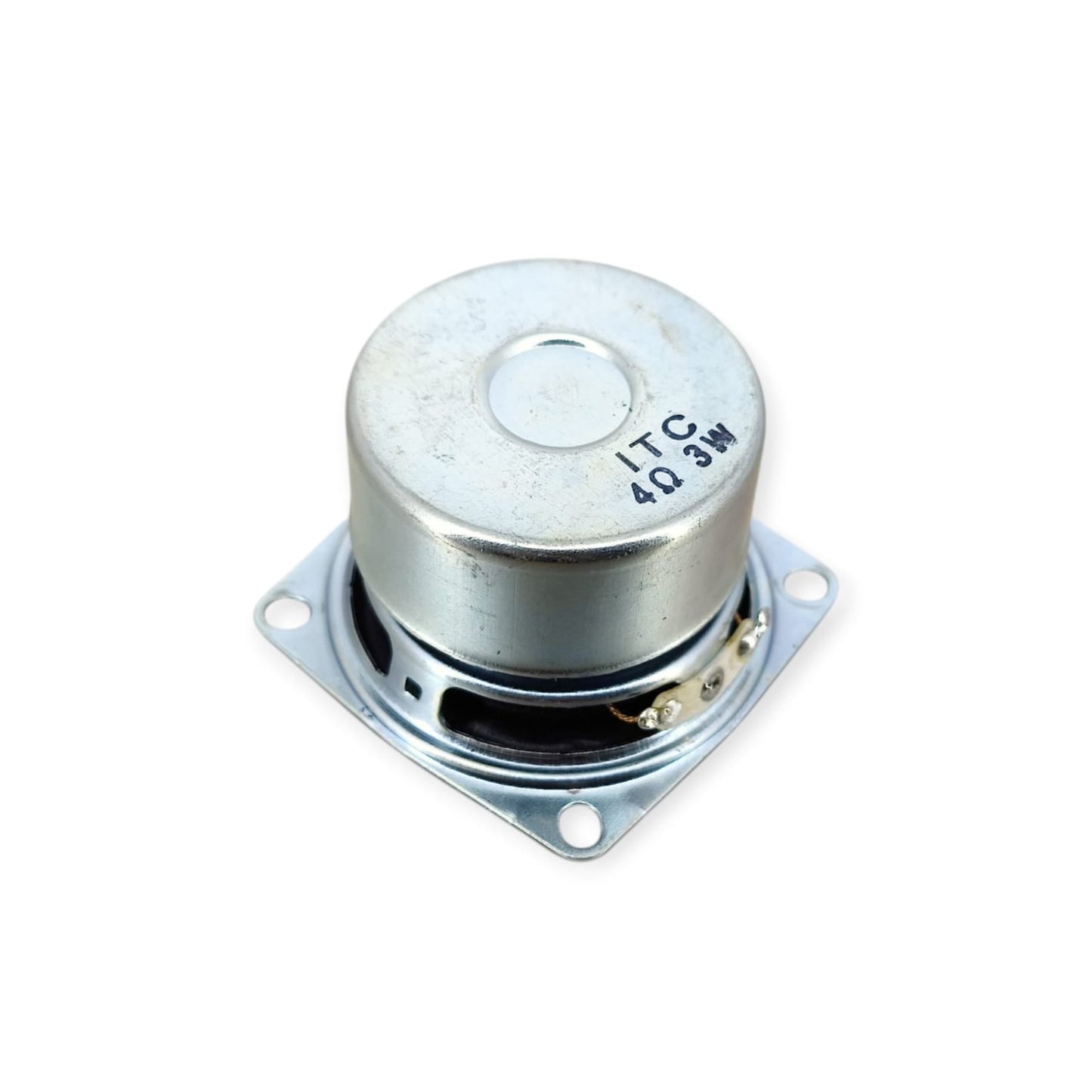 Angled back view of the 3W 4 Ohm speaker, showing the magnet housing and "ITC 4Ω 3W" text.