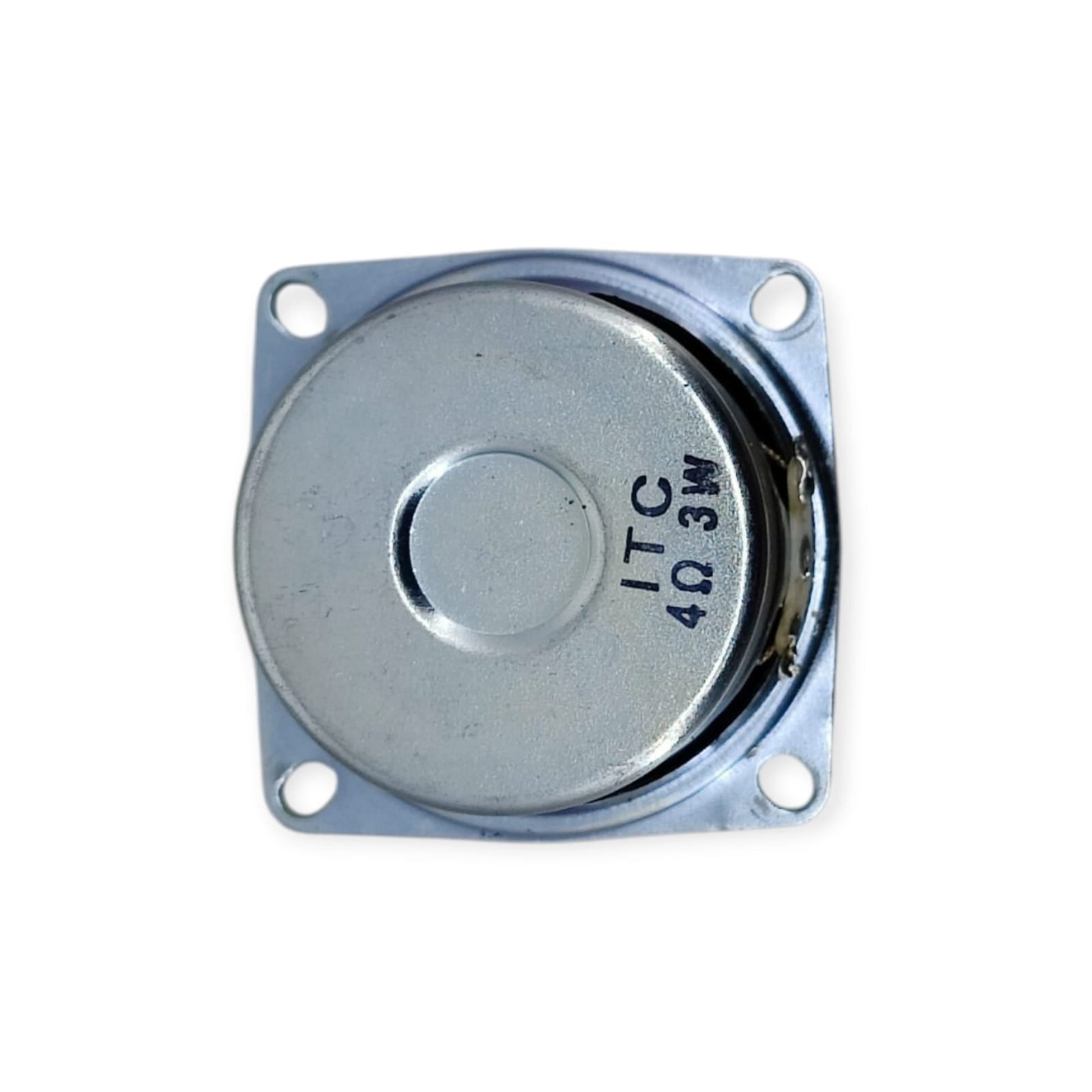 Top-down view of the speaker magnet, clearly showing "ITC 4Ω 3W" specifications.