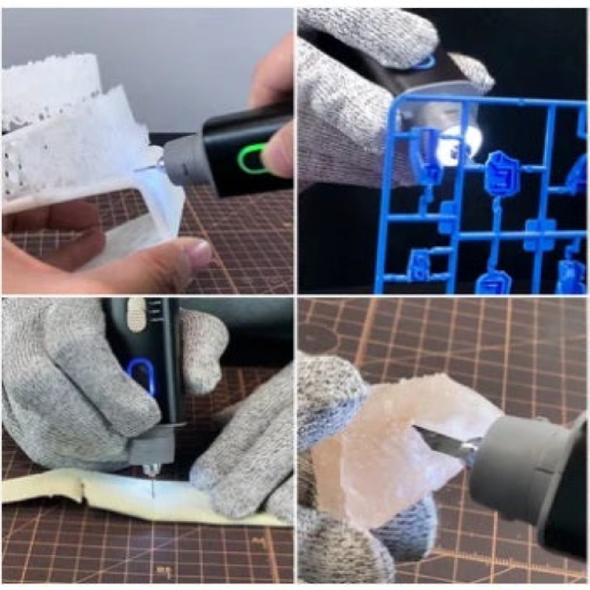 Four images of the ultrasonic cutter being used for precise cutting, deburring, and refining on various materials.