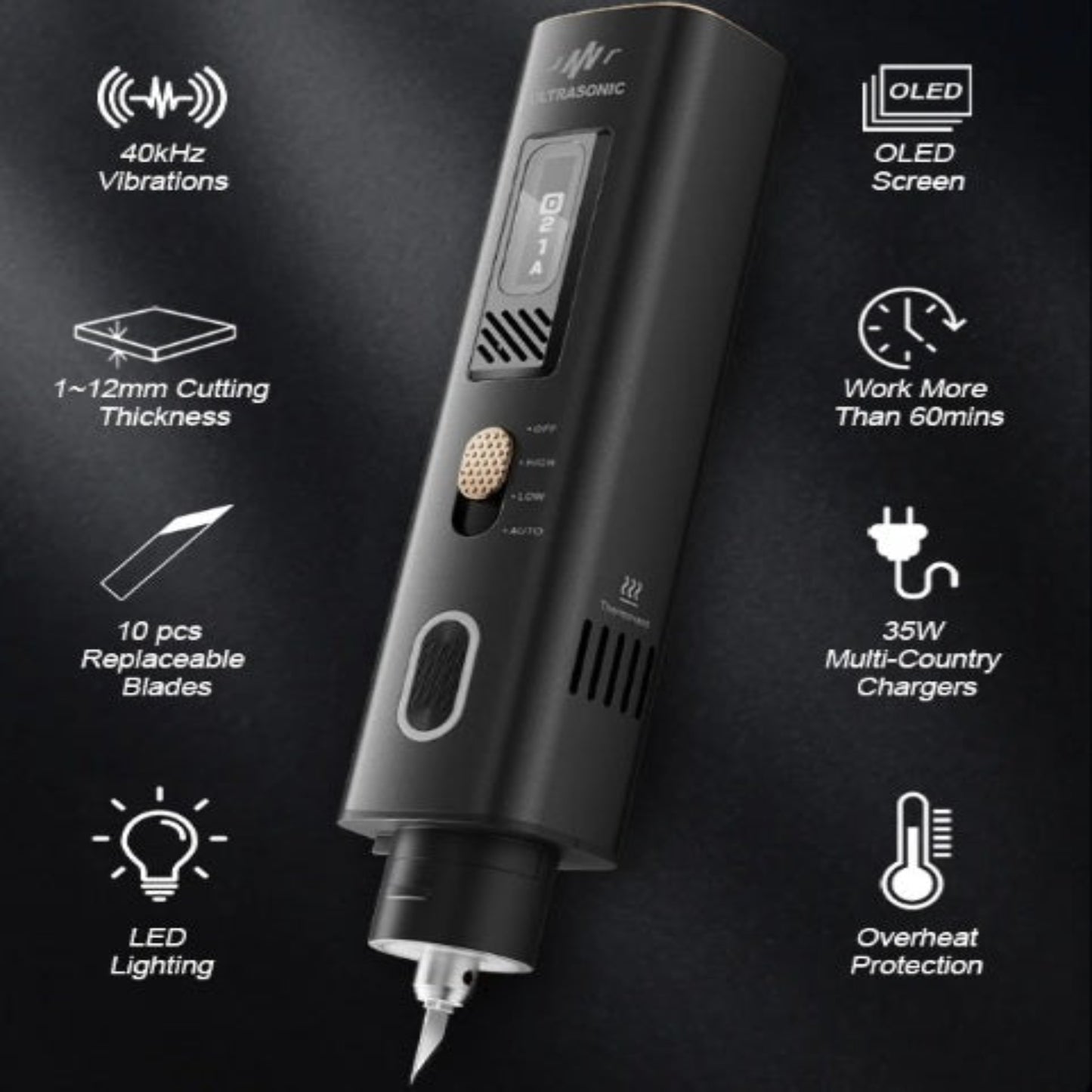 A graphic showing key features of the Jakemy ultrasonic cutter and polisher, including 40kHz vibrations and OLED screen.

