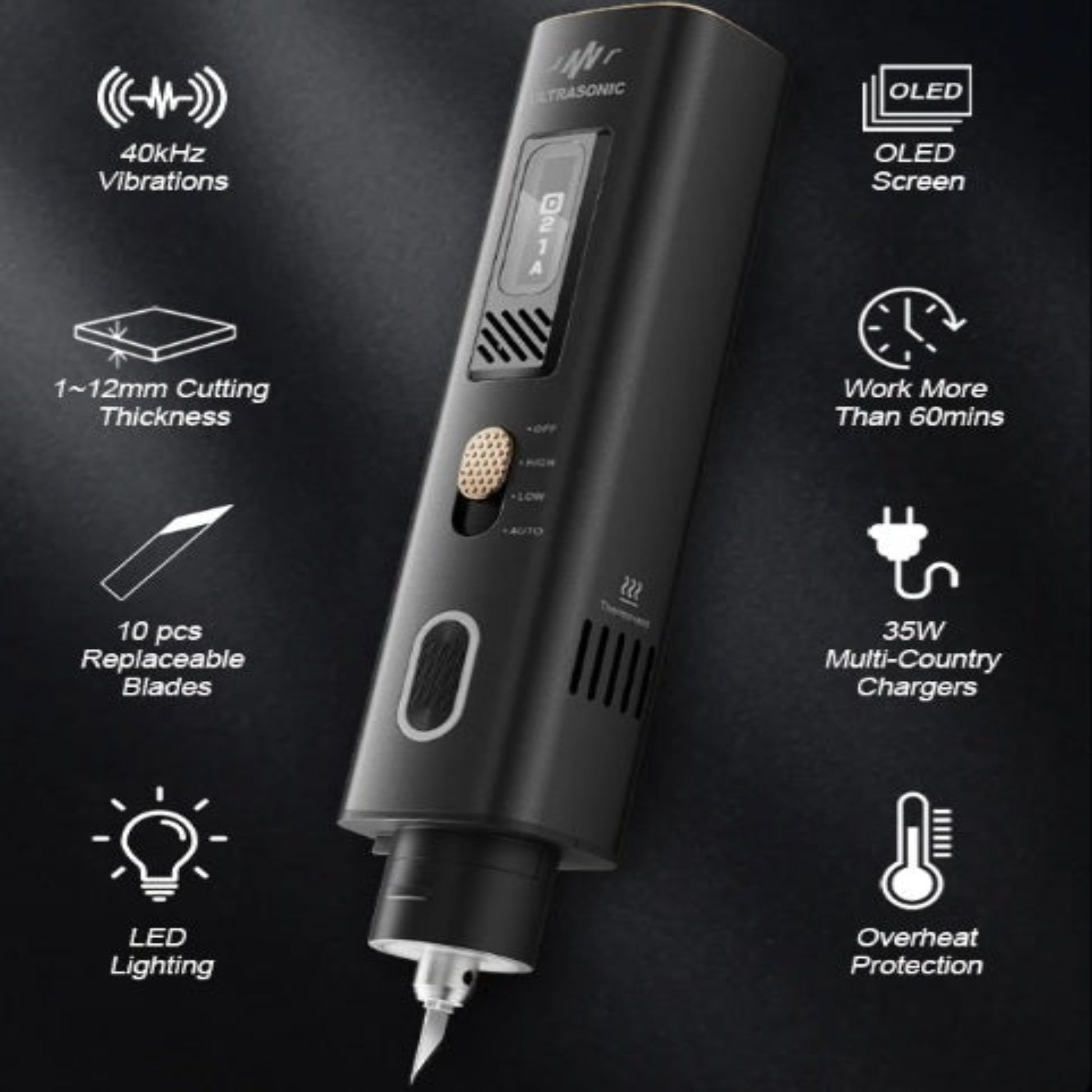 A graphic showing key features of the Jakemy ultrasonic cutter and polisher, including 40kHz vibrations and OLED screen.

