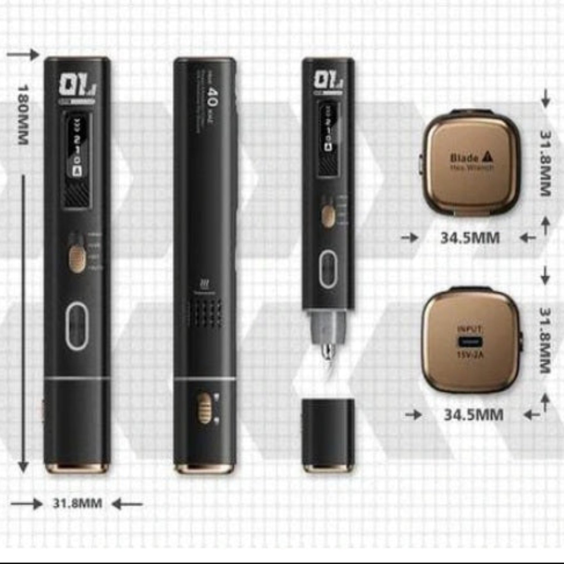 Technical diagram displaying the dimensions of the Jakemy ultrasonic cutter, its parts, and blade wrench.